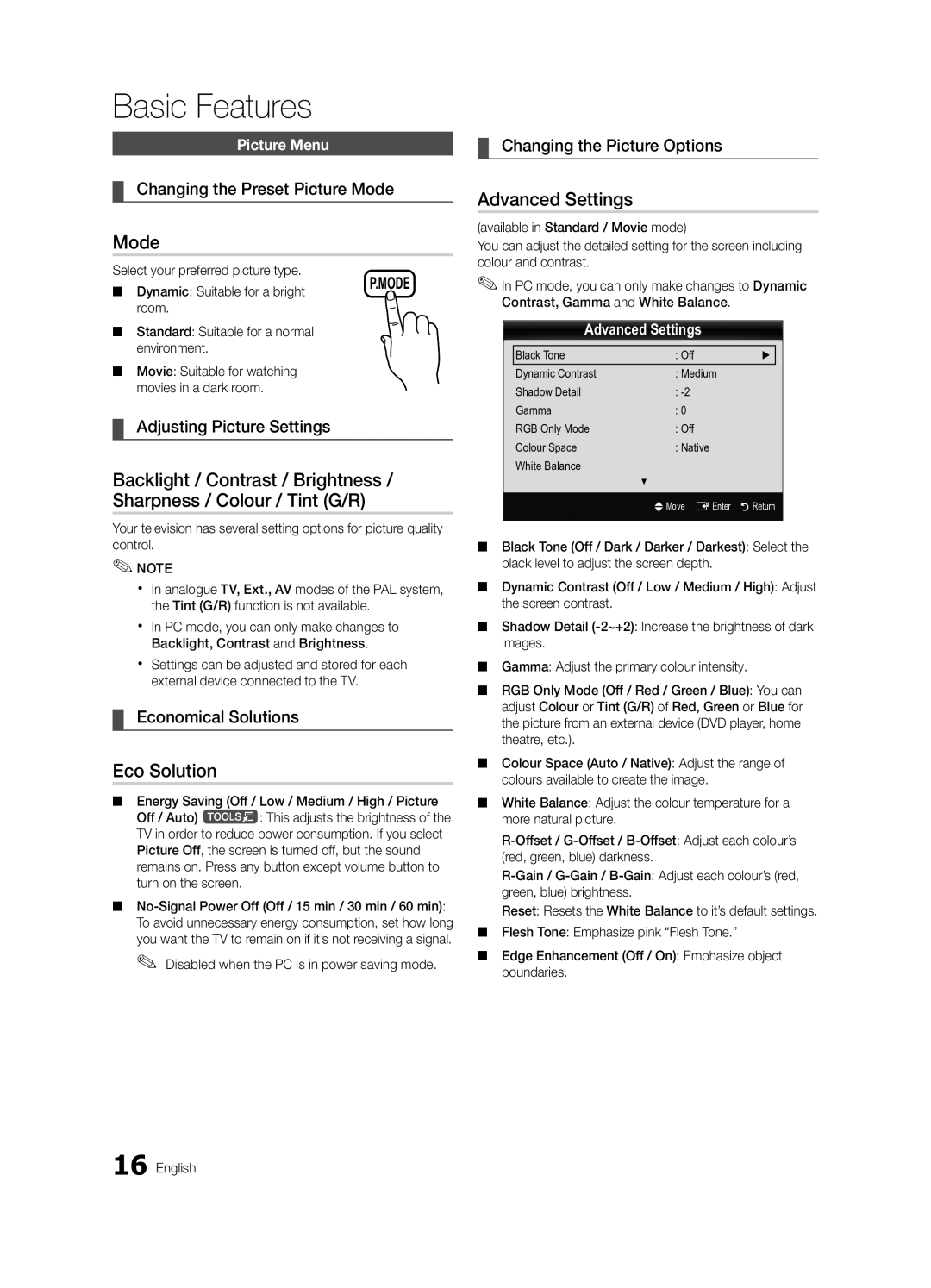 Samsung UE32C4000PWXBT manual Mode, Eco Solution, Advanced Settings 