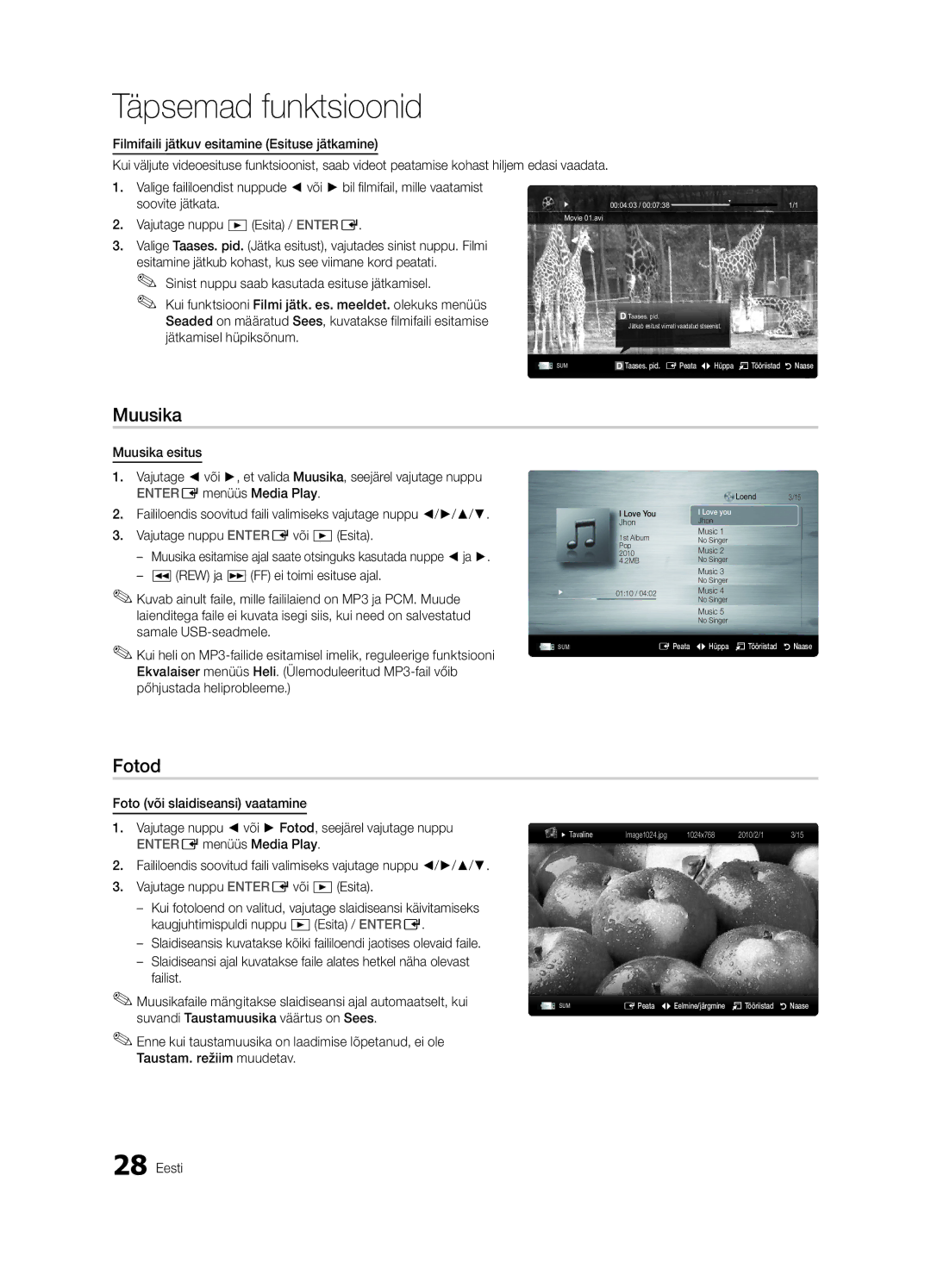 Samsung UE32C4000PWXBT manual Muusika, Fotod, Vajutage nuppu Esita / Entere 