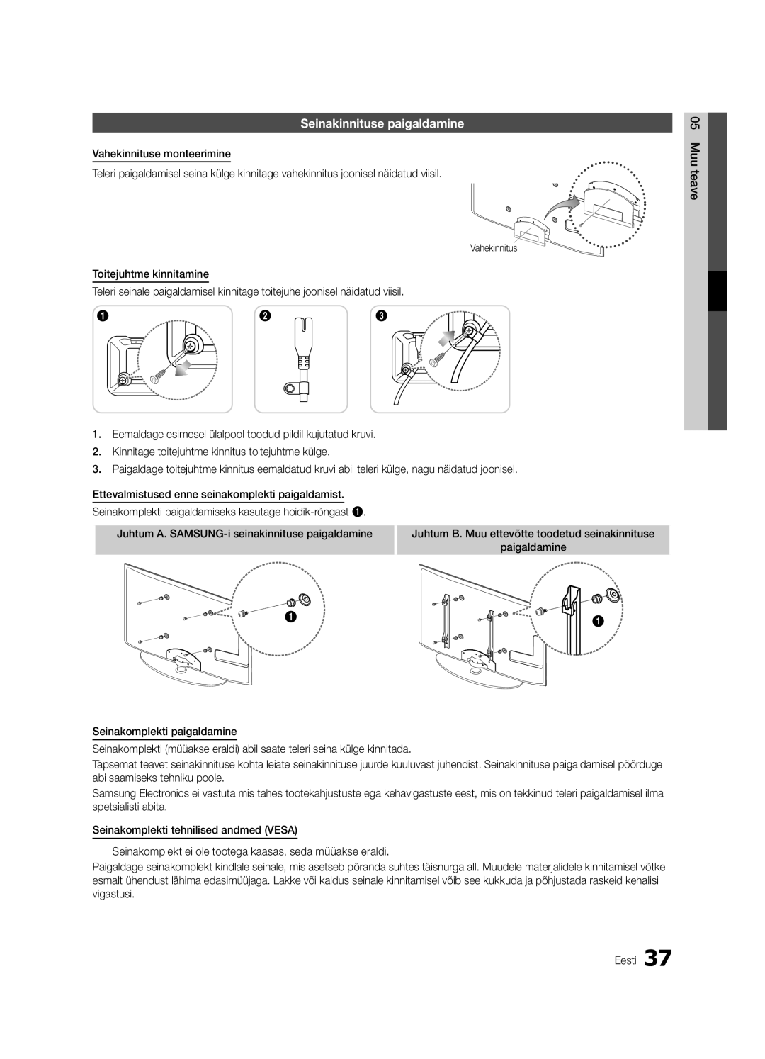 Samsung UE32C4000PWXBT manual Seinakinnituse paigaldamine 