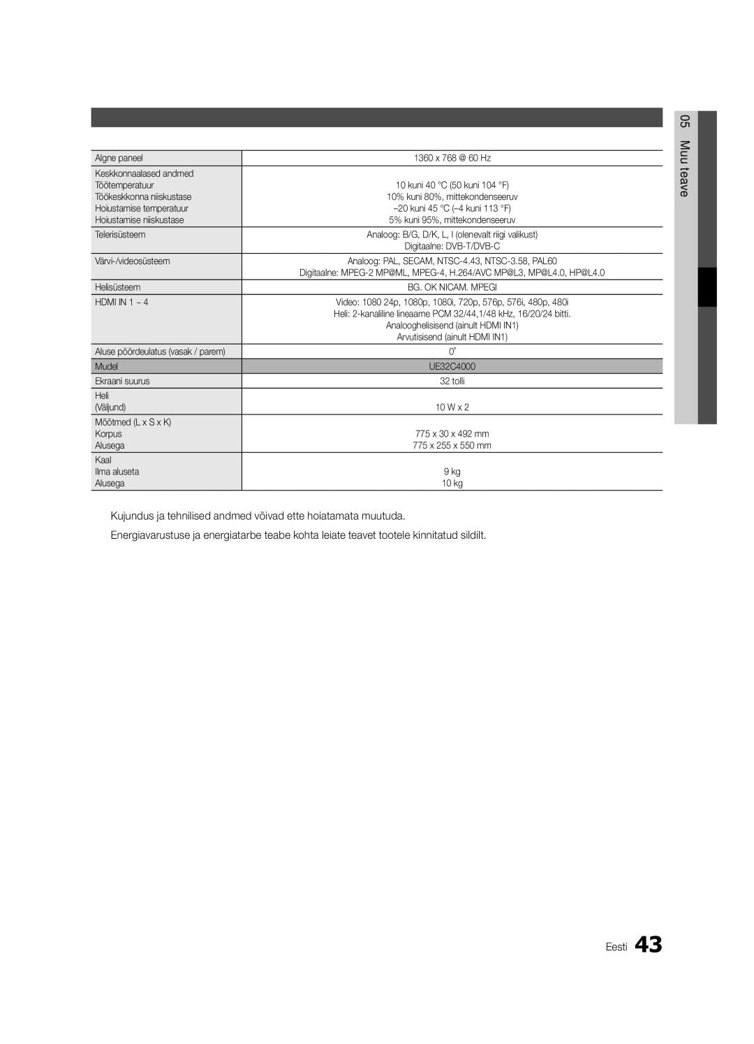 Samsung UE32C4000PWXBT manual Tehnilised andmed 