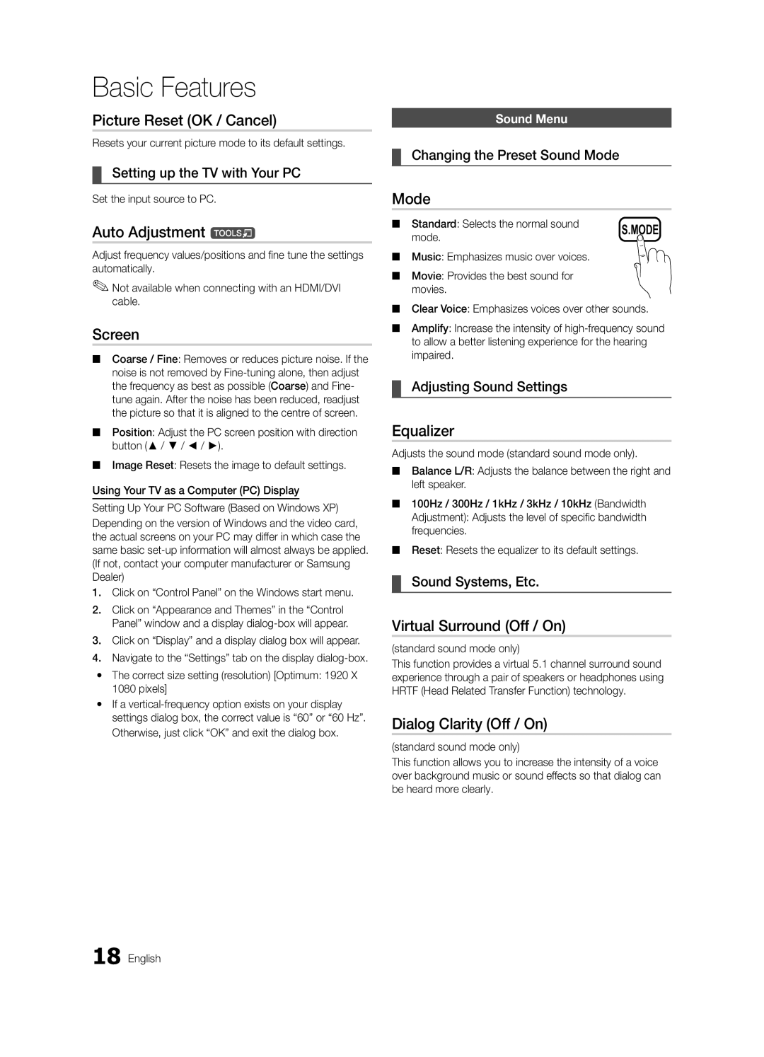 Samsung UE32C4000PWXBT manual Picture Reset OK / Cancel, Auto Adjustment t, Screen, Equalizer, Virtual Surround Off / On 