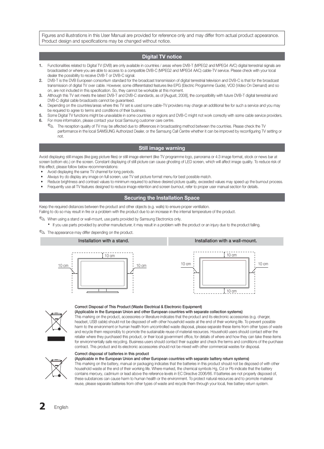 Samsung UE32C4000PWXBT manual Installation with a wall-mount, English, 10 cm 