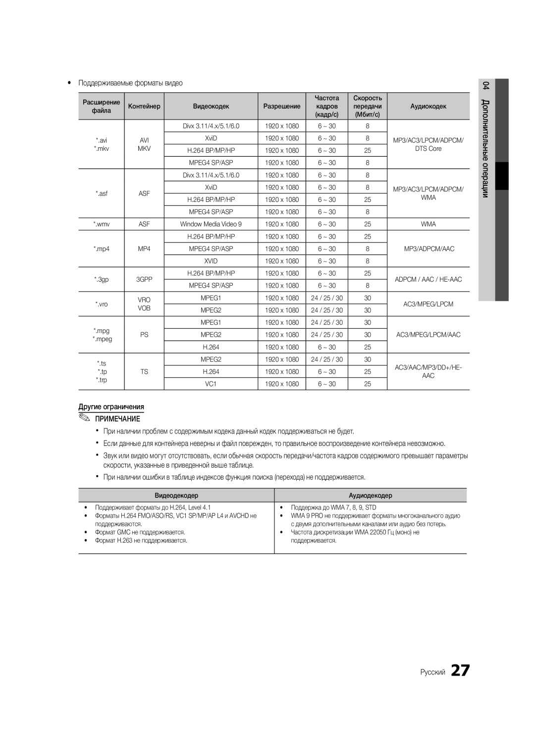 Samsung UE32C4000PWXBT manual Yy Поддерживаемые форматы видео, Другие ограничения 