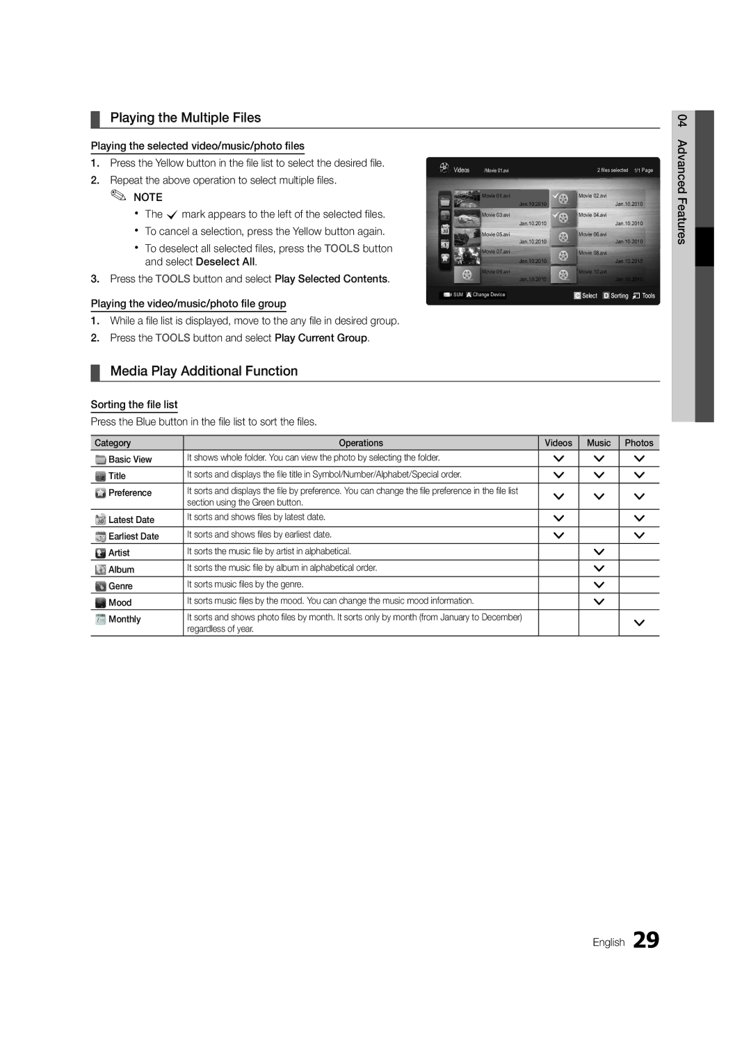 Samsung UE32C4000PWXBT manual Playing the Multiple Files, Media Play Additional Function, Advanced, Regardless of year 