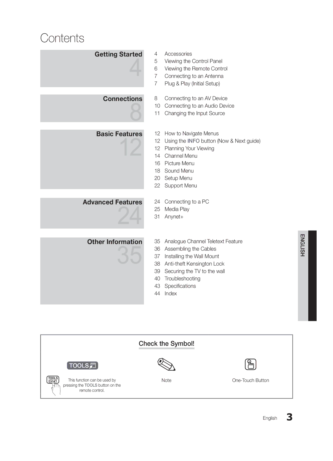 Samsung UE32C4000PWXBT manual Contents 