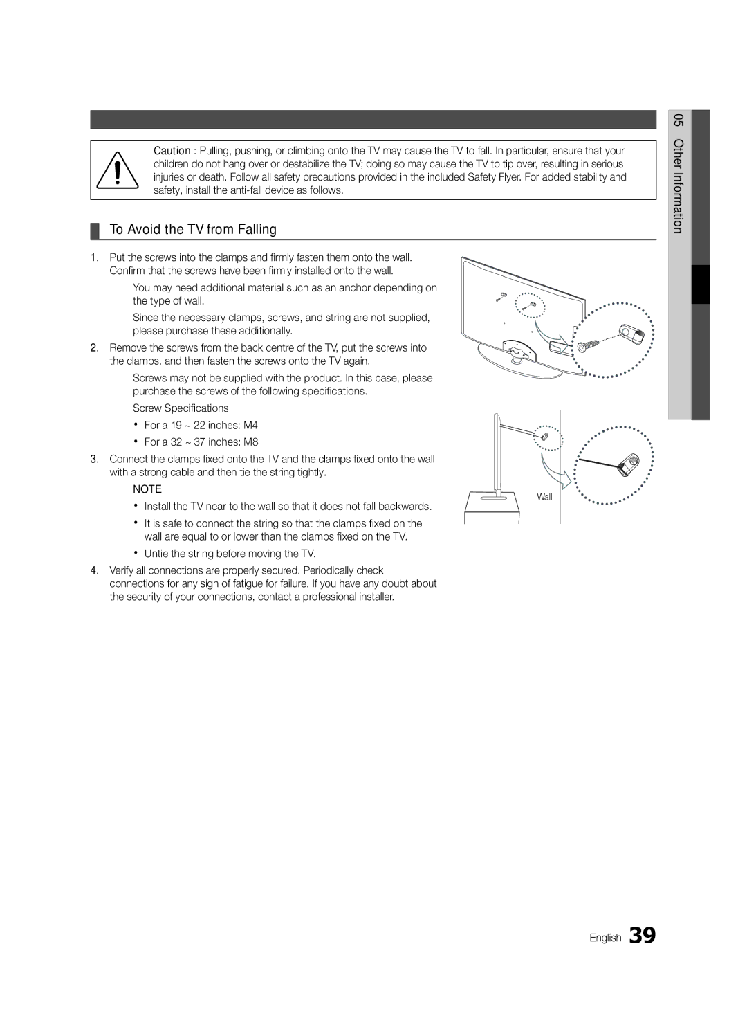 Samsung UE32C4000PWXBT To Avoid the TV from Falling, Securing the TV to the wall, Xx Untie the string before moving the TV 