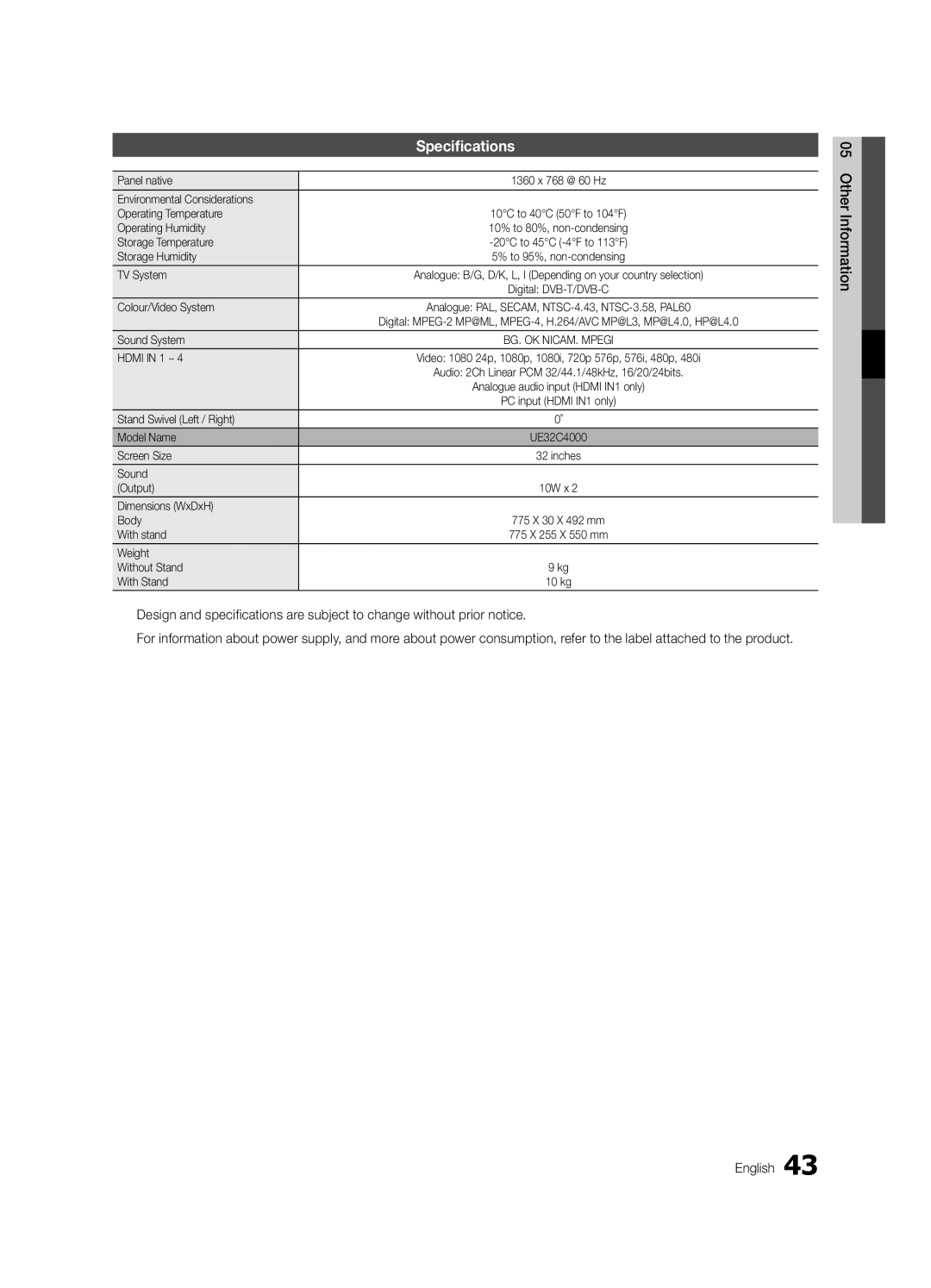 Samsung UE32C4000PWXBT manual Specifications 