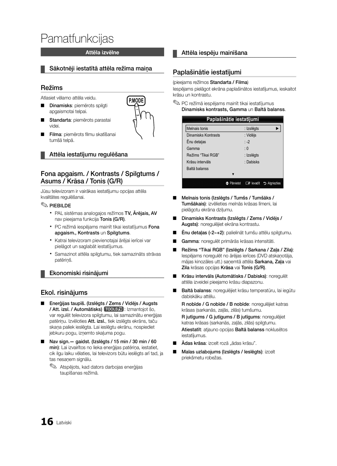 Samsung UE32C4000PWXBT manual Režīms, Ekol. risinājums, Paplašinātie iestatījumi 