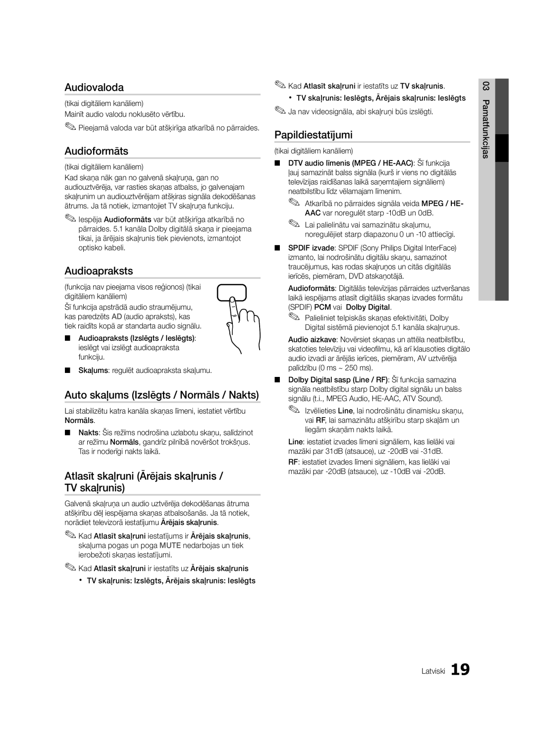 Samsung UE32C4000PWXBT manual Audiovaloda, Audioformāts, Audioapraksts, Auto skaļums Izslēgts / Normāls / Nakts 