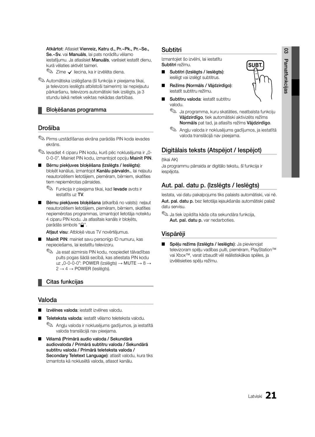 Samsung UE32C4000PWXBT manual Drošība, Valoda, Subtitri, Digitālais teksts Atspējot / Iespējot, Vispārēji 