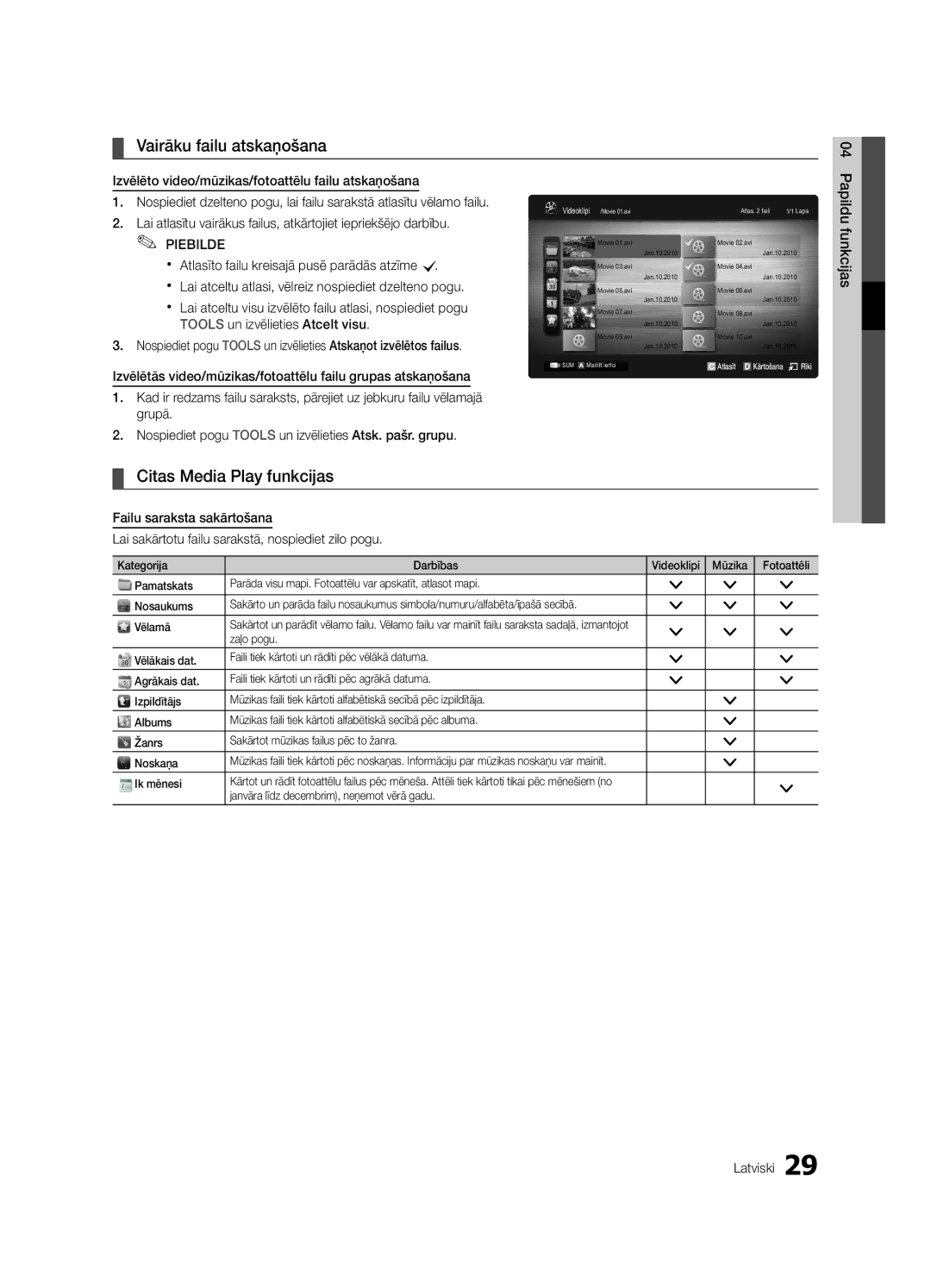 Samsung UE32C4000PWXBT manual Vairāku failu atskaņošana, Citas Media Play funkcijas, Papildu 