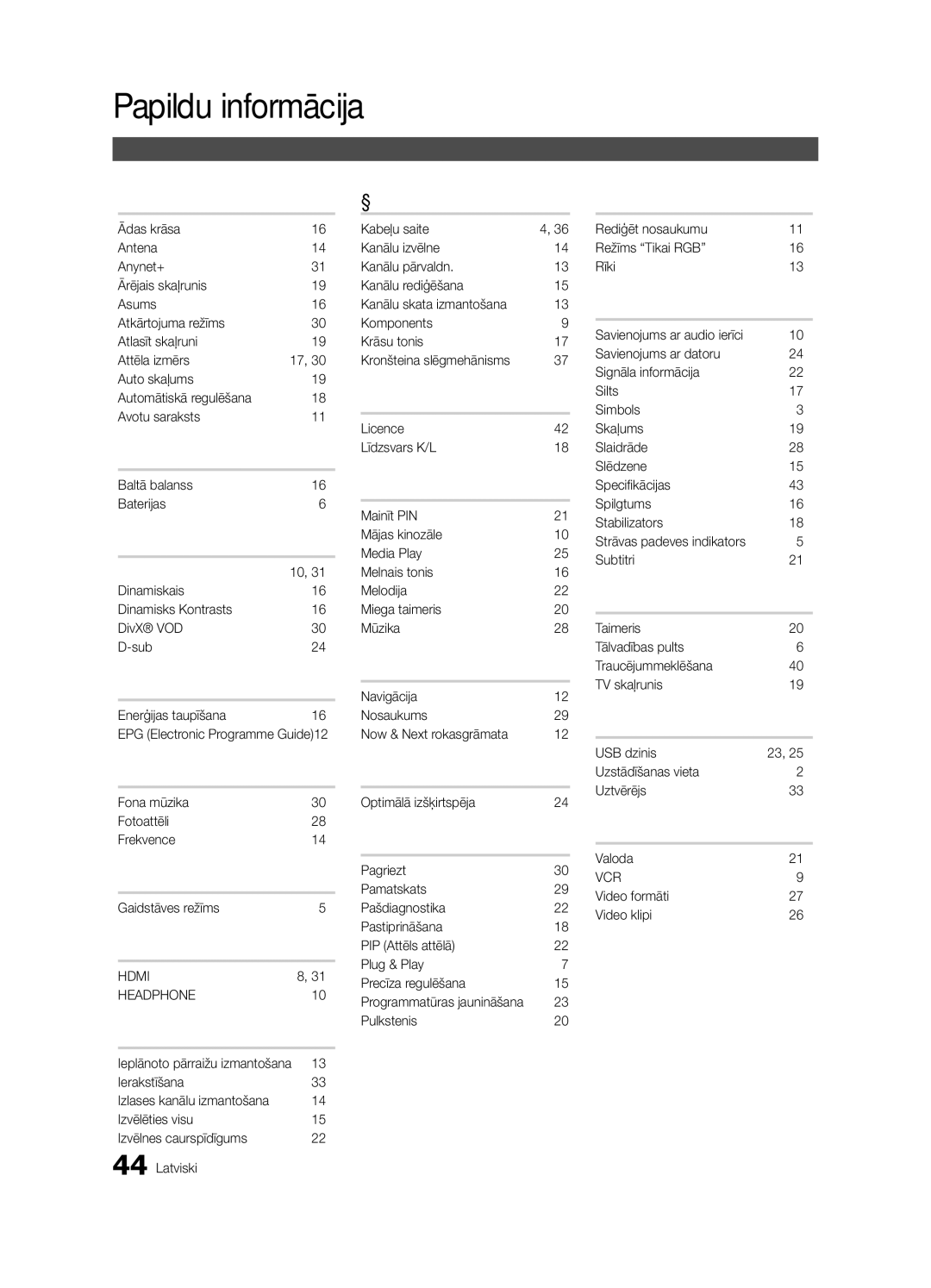 Samsung UE32C4000PWXBT manual Alfabētiskais rādītājs, Fona mūzika Fotoattēli Frekvence Gaidstāves režīms, Hdmi Headphone 