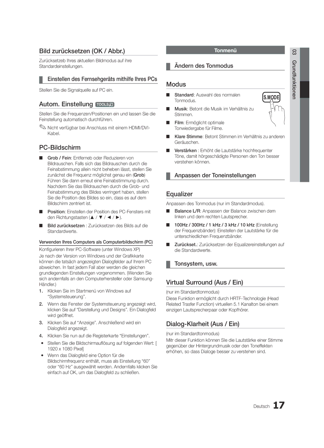 Samsung UE32C4000PWXXN manual Bild zurücksetzen OK / Abbr, Autom. Einstellung t, PC-Bildschirm, Virtual Surround Aus / Ein 