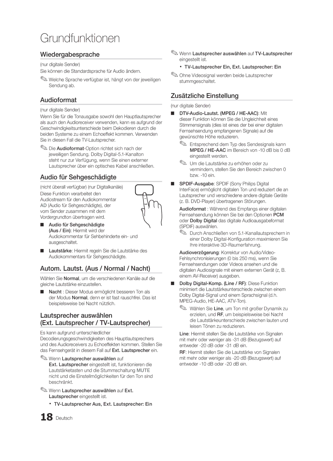 Samsung UE32C4000PWXZG manual Wiedergabesprache, Audioformat, Audio für Sehgeschädigte, Autom. Lautst. Aus / Normal / Nacht 