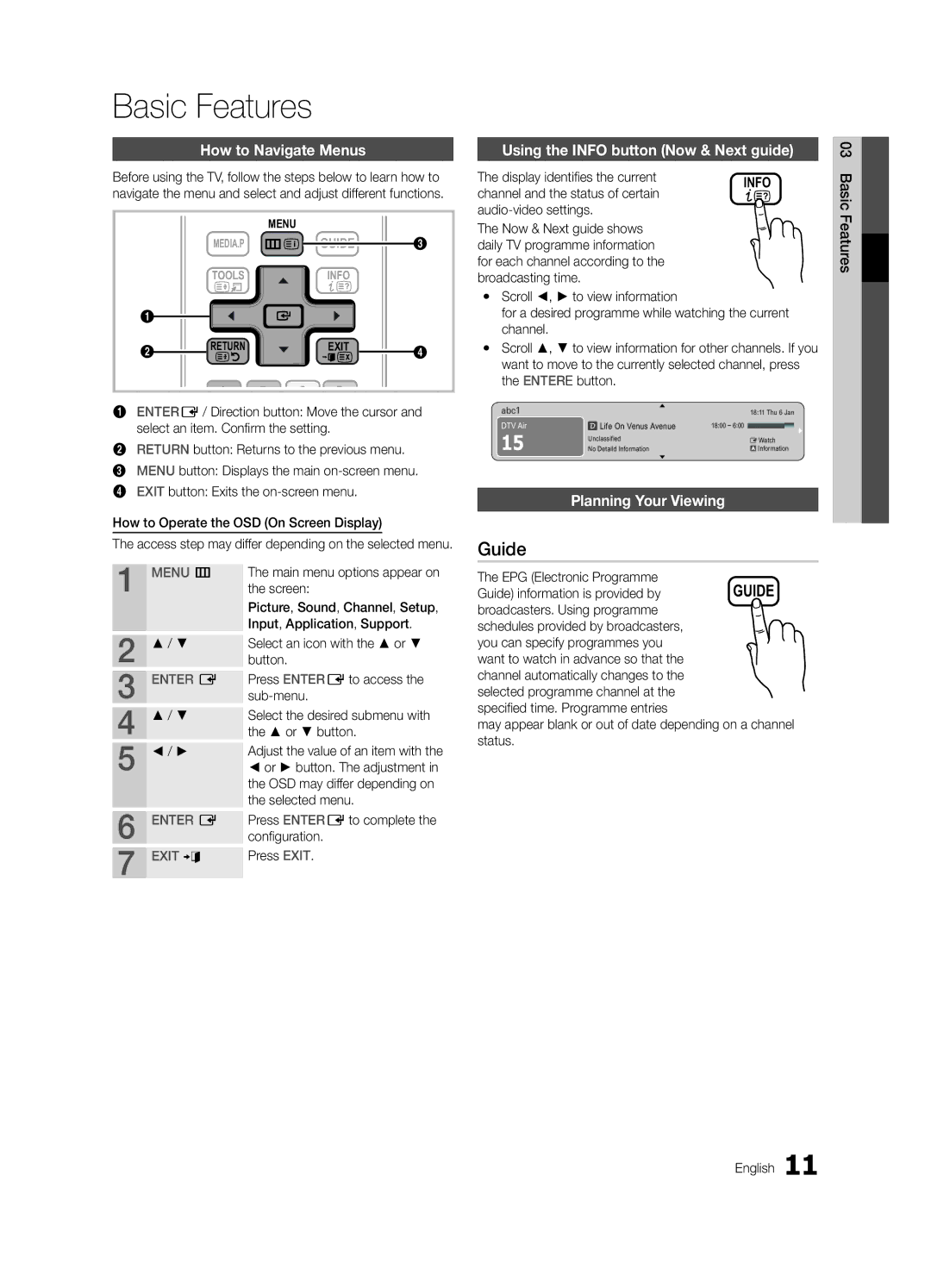 Samsung UE32C4000PWXXC manual Basic Features, Guide, How to Navigate Menus, Using the Info button Now & Next guide 