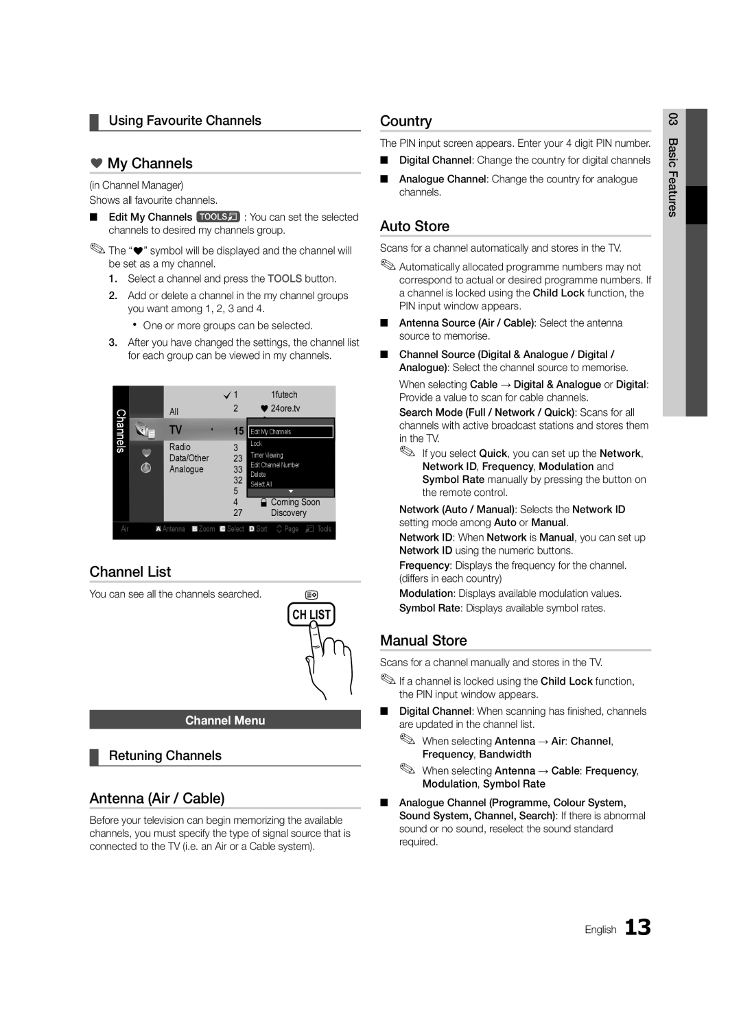 Samsung UE26C4000PWXZF, UE32C4000PWXXH My Channels, Country, Auto Store, Channel List, Antenna Air / Cable, Manual Store 