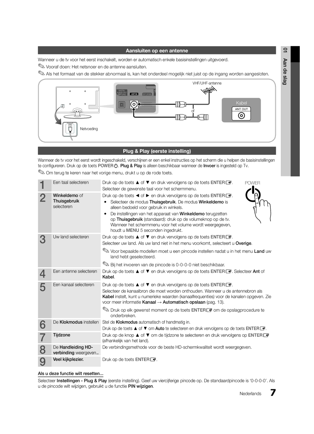 Samsung UE32C4000PWXXN manual Aansluiten op een antenne, Plug & Play eerste instelling, Selecteren, Uw land selecteren 