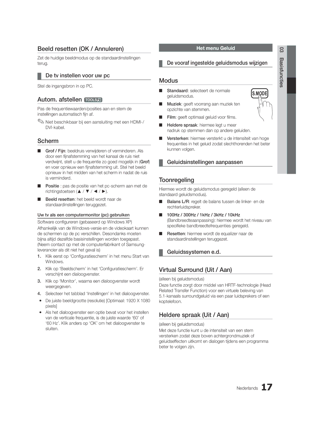 Samsung UE26C4000PWXXC Beeld resetten OK / Annuleren, Autom. afstellen t, Scherm, Toonregeling, Virtual Surround Uit / Aan 