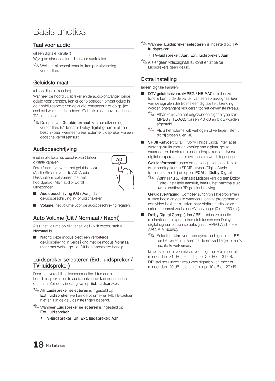 Samsung UE32C4000PWXXH manual Taal voor audio, Geluidsformaat, Audiobeschrijving, Auto Volume Uit / Normaal / Nacht 