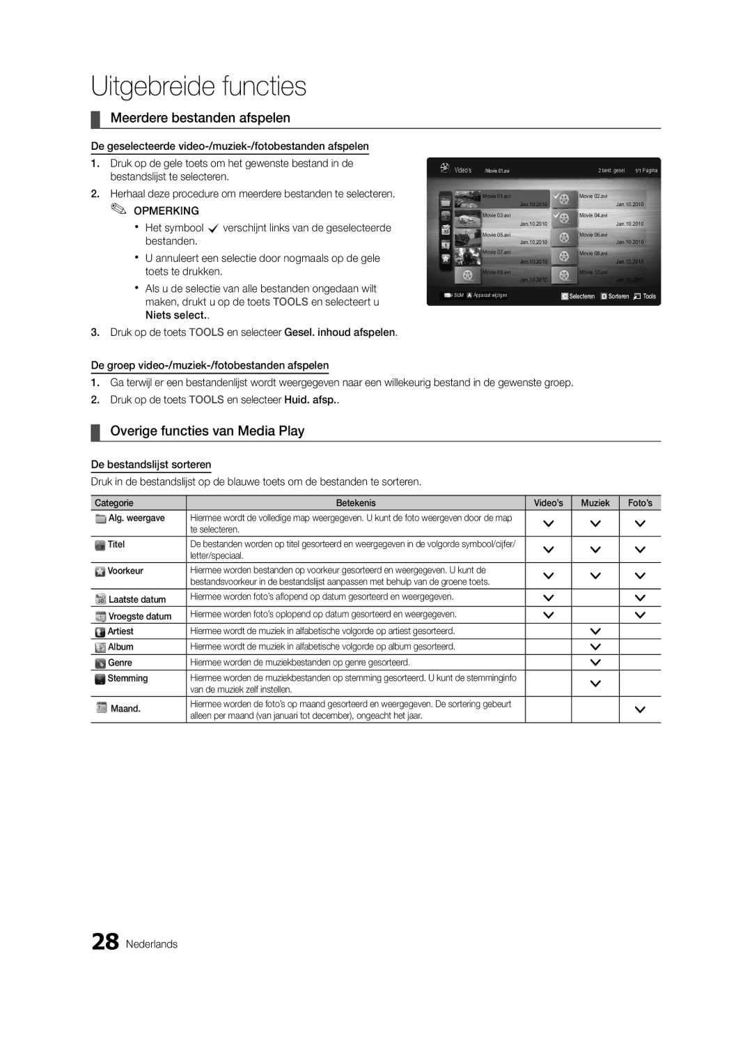 Samsung UE22C4010PWXXC, UE32C4000PWXXH, UE22C4010PWXXN manual Meerdere bestanden afspelen, Overige functies van Media Play 