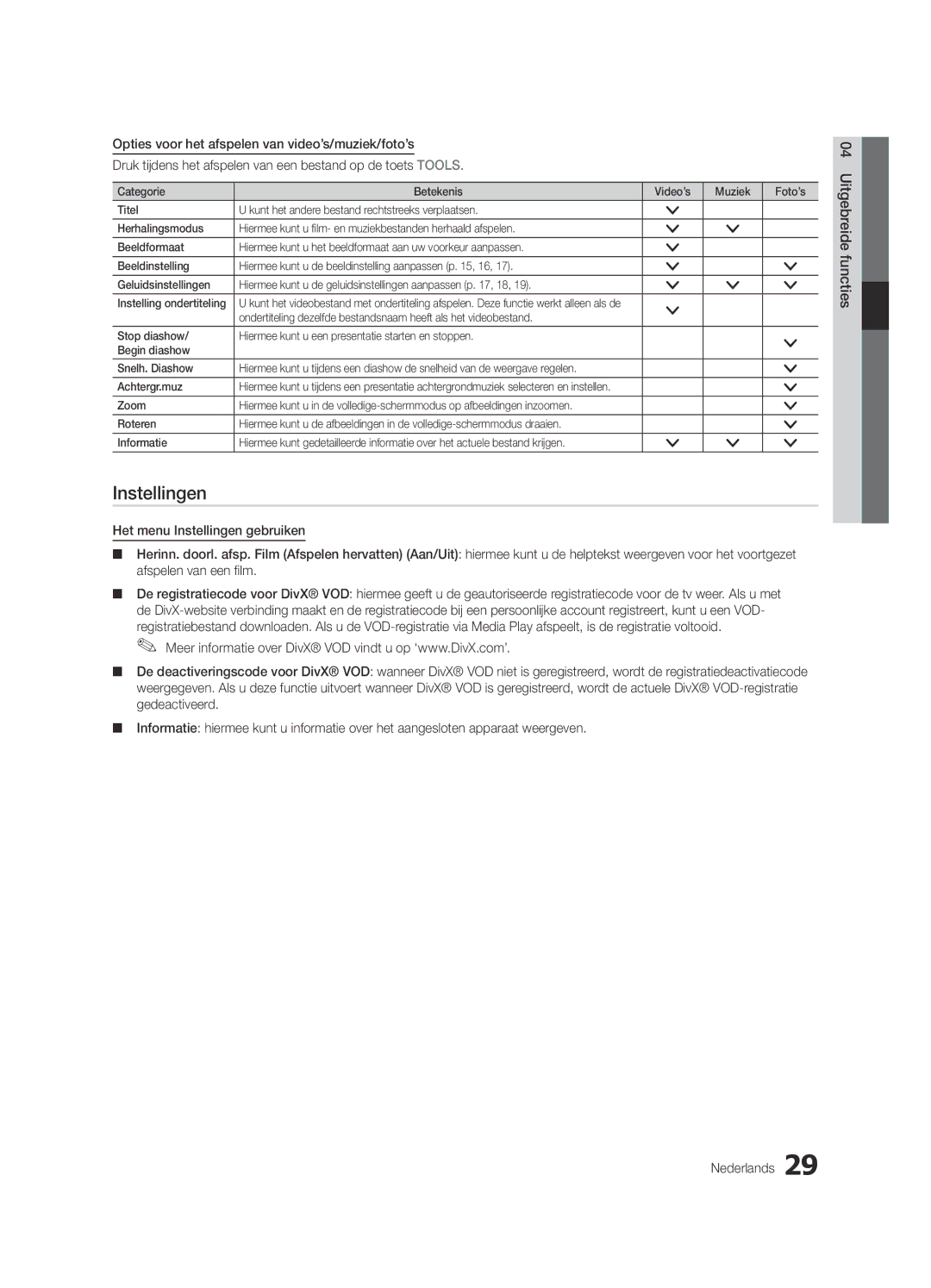 Samsung UE32C4000PWXXC, UE32C4000PWXXH, UE22C4010PWXXN, UE26C4000PWXZG, UE26C4000PWXXN, UE22C4000PWXXN manual Instellingen 