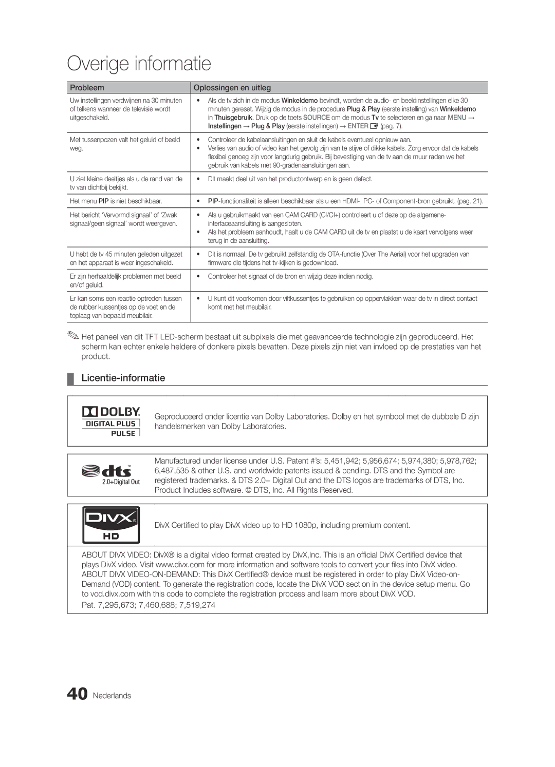 Samsung UE32C4000PWXZG, UE32C4000PWXXH, UE22C4010PWXXN Licentie-informatie, Pat ,295,673 7,460,688 7,519,274 Nederlands 