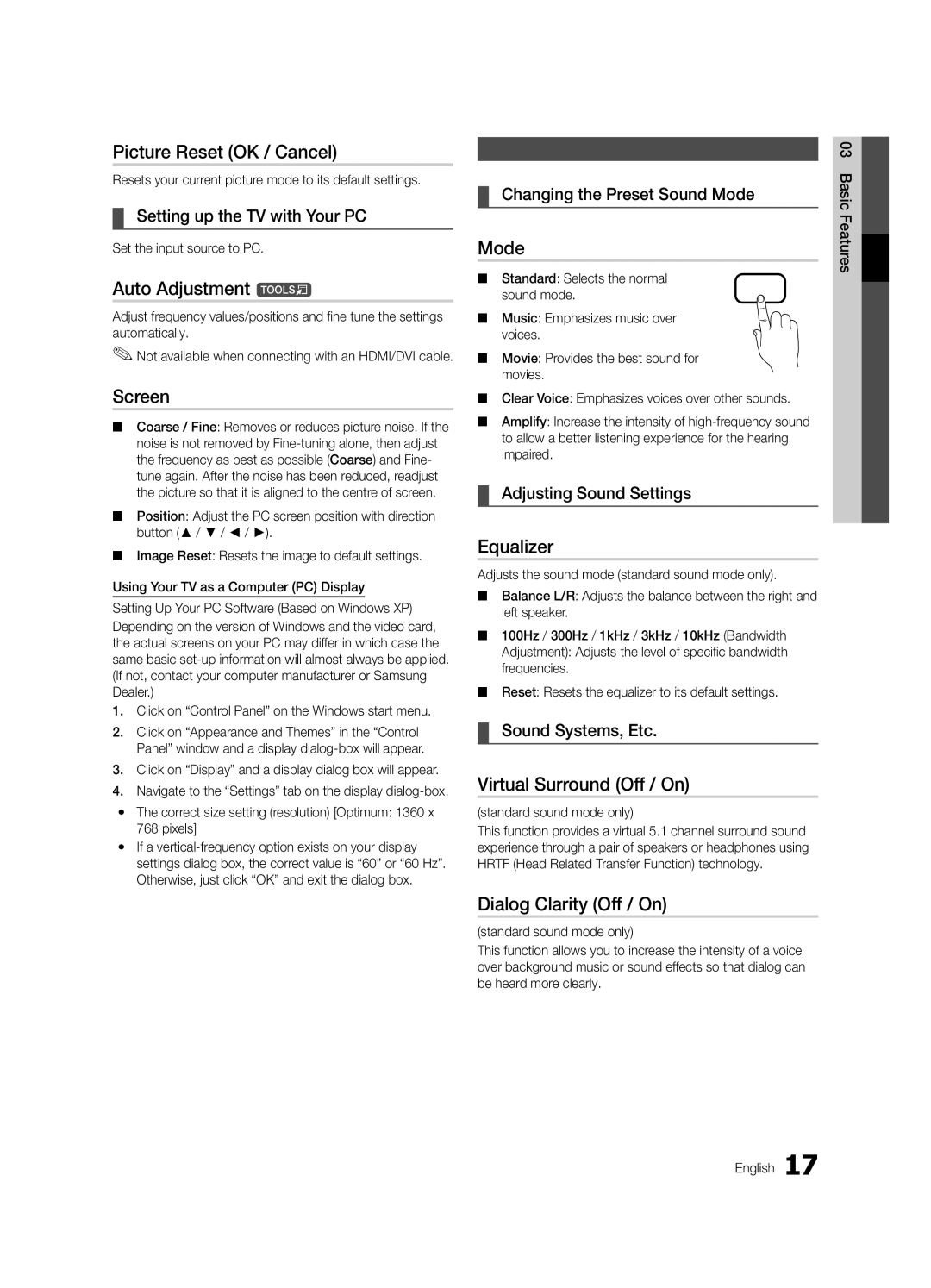 Samsung UE22C4010PWXXN manual Picture Reset OK / Cancel, Auto Adjustment t, Screen, Equalizer, Virtual Surround Off / On 