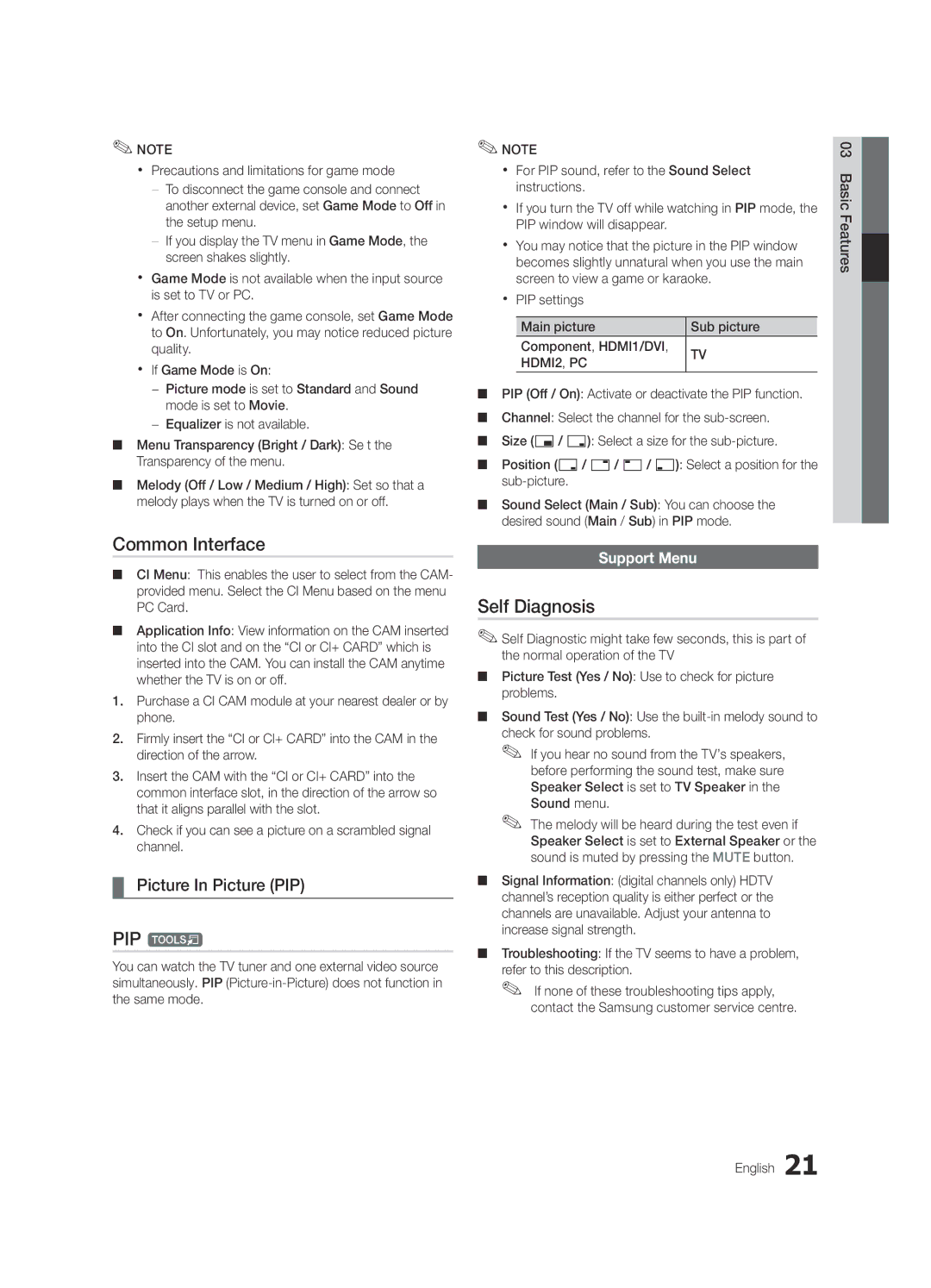 Samsung UE32C4000PWXXN, UE32C4000PWXXH manual Common Interface, PIP t, Self Diagnosis, Picture In Picture PIP, Support Menu 