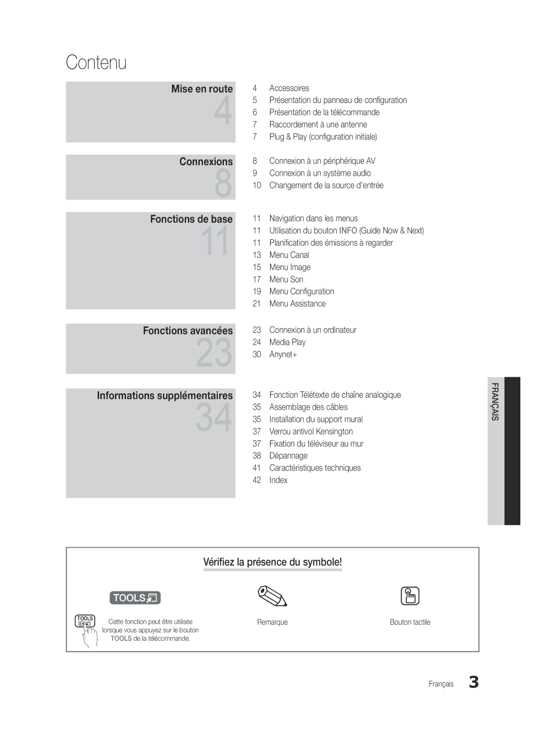 Samsung UE26C4000PWXZF, UE32C4000PWXXH, UE22C4010PWXXN, UE26C4000PWXZG Contenu, Vérifiez la présence du symbole, Remarque 