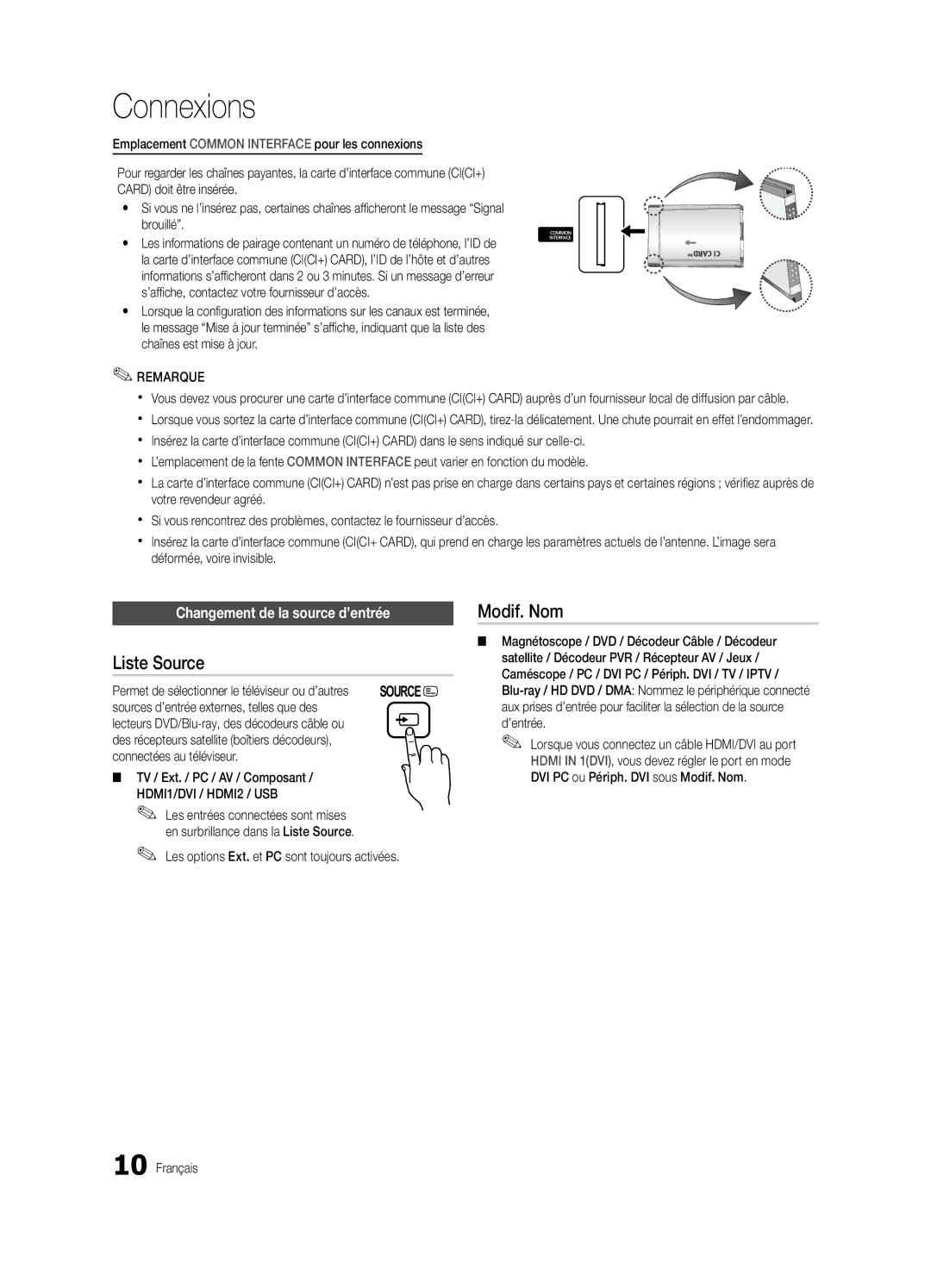 Samsung UE22C4000PWXXN, UE32C4000PWXXH, UE22C4010PWXXN manual Liste Source, Modif. Nom, Changement de la source d’entrée 