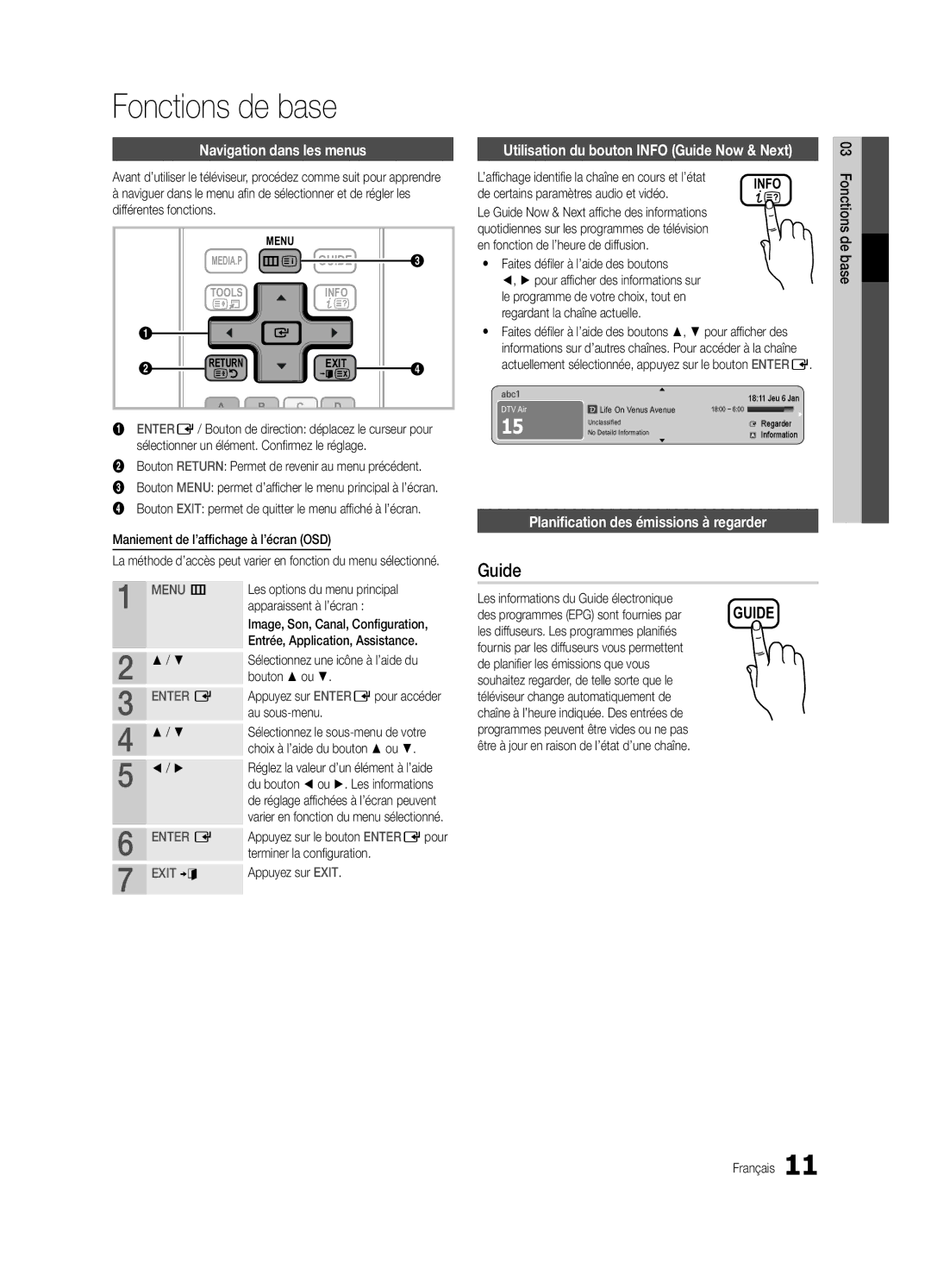 Samsung UE32C4000PWXXN manual Fonctions de base, Navigation dans les menus, Utilisation du bouton Info Guide Now & Next 