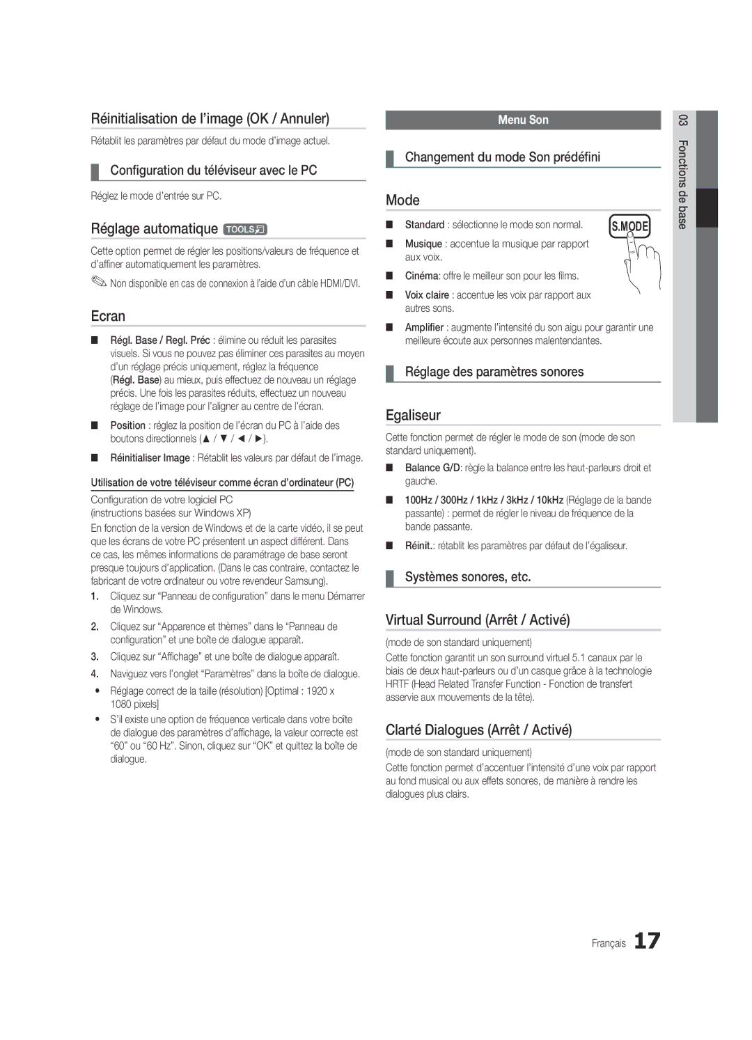 Samsung UE32C4000PWXXC, UE32C4000PWXXH Réinitialisation de l’image OK / Annuler, Réglage automatique t, Ecran, Egaliseur 