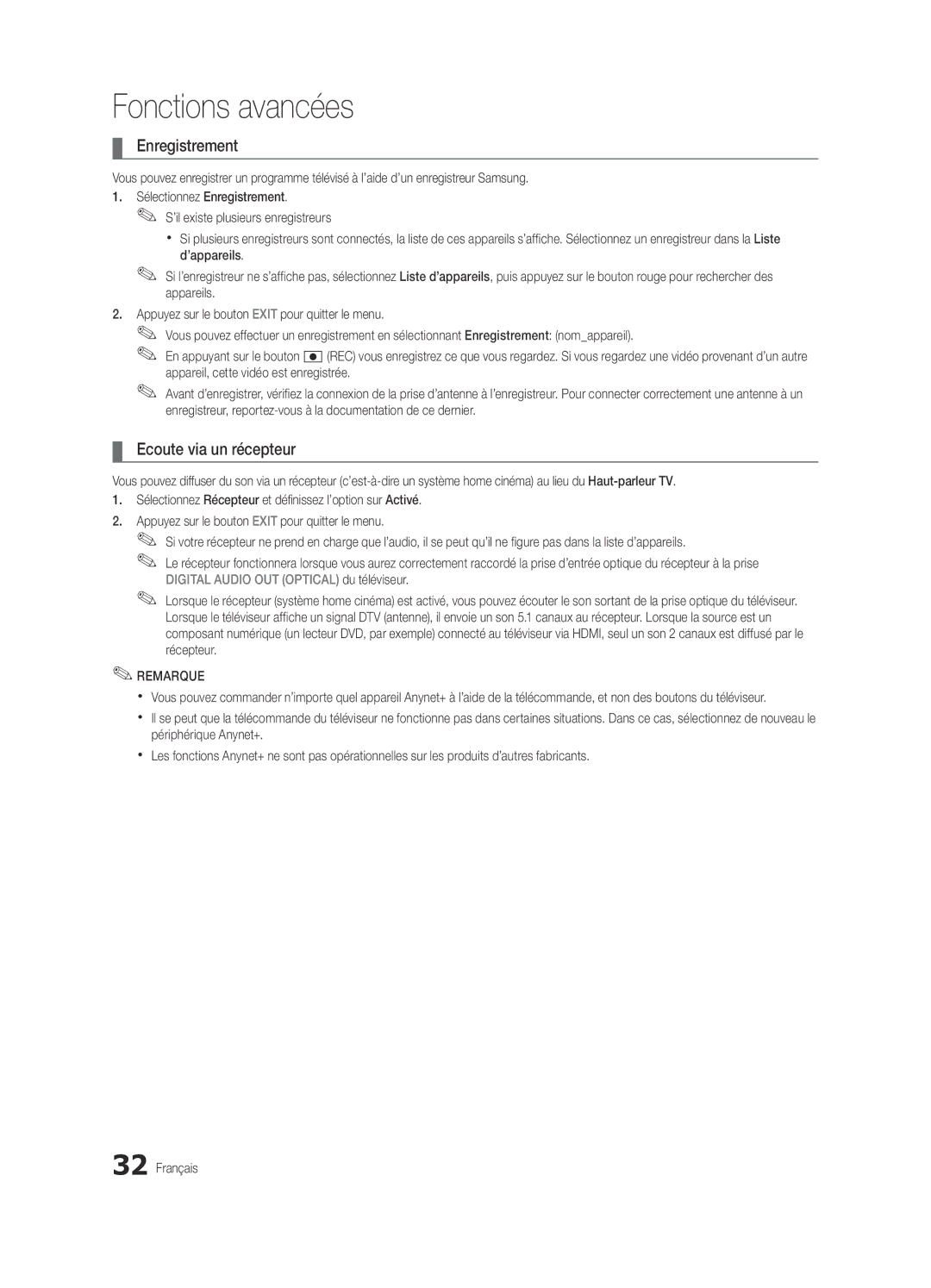 Samsung UE22C4010PWXXC, UE32C4000PWXXH, UE22C4010PWXXN, UE26C4000PWXZG manual Enregistrement, Ecoute via un récepteur 