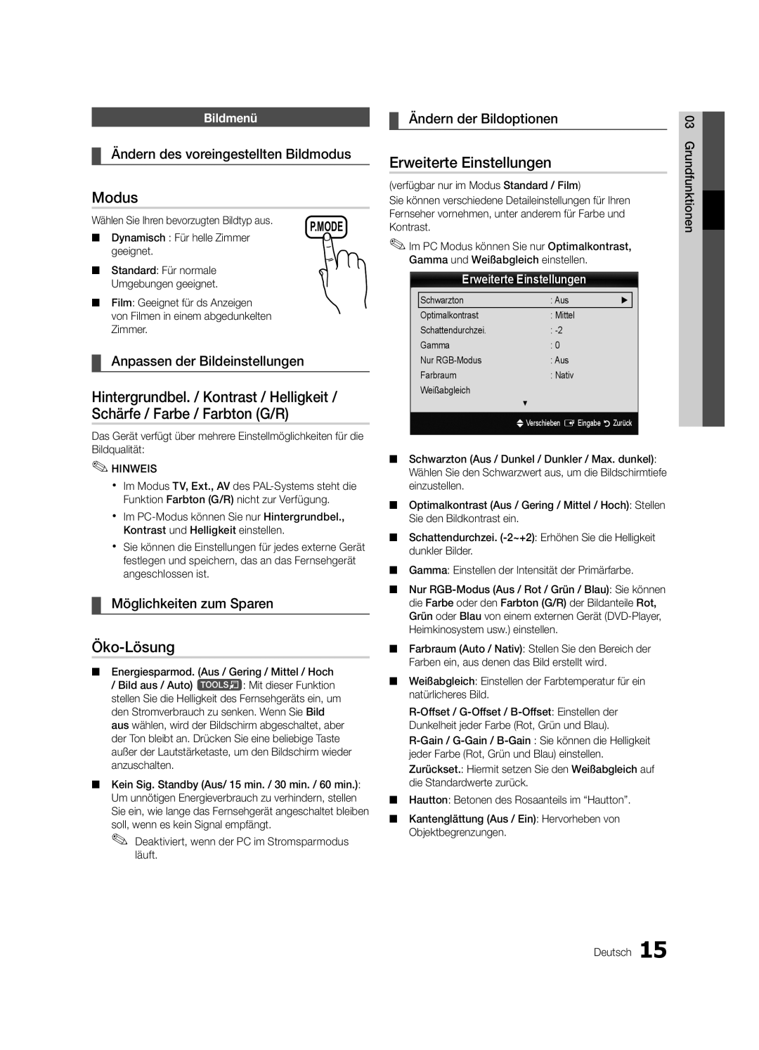 Samsung UE26C4000PWXXN, UE32C4000PWXXH, UE22C4010PWXXN, UE26C4000PWXZG manual Modus, Öko-Lösung, Erweiterte Einstellungen 