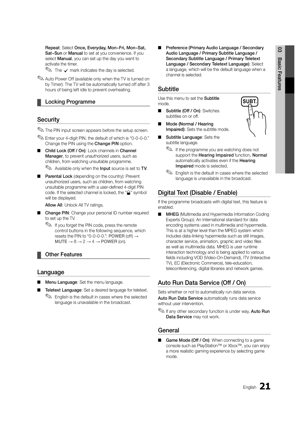 Samsung UE32C4000PWXXC manual Security, Language, Subtitle, Digital Text Disable / Enable, Auto Run Data Service Off / On 