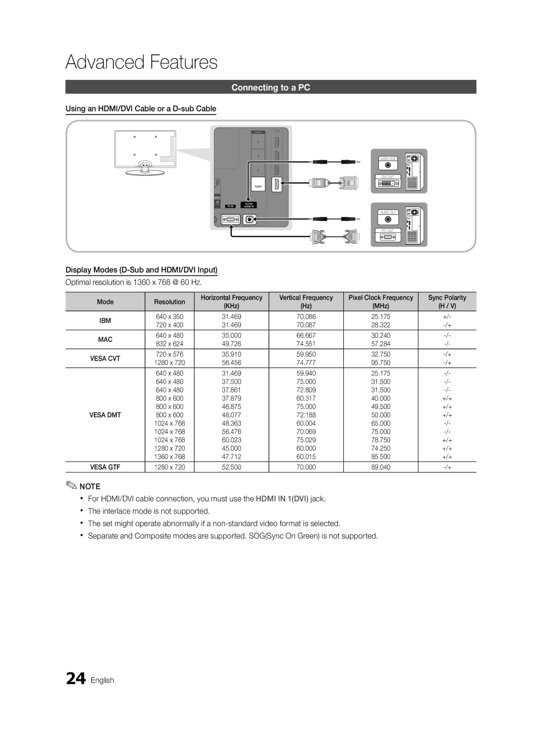 Samsung UE32C4000PWXXU, UE32C4000PWXXH Advanced Features, Connecting to a PC, Using an HDMI/DVI Cable or a D-sub Cable 