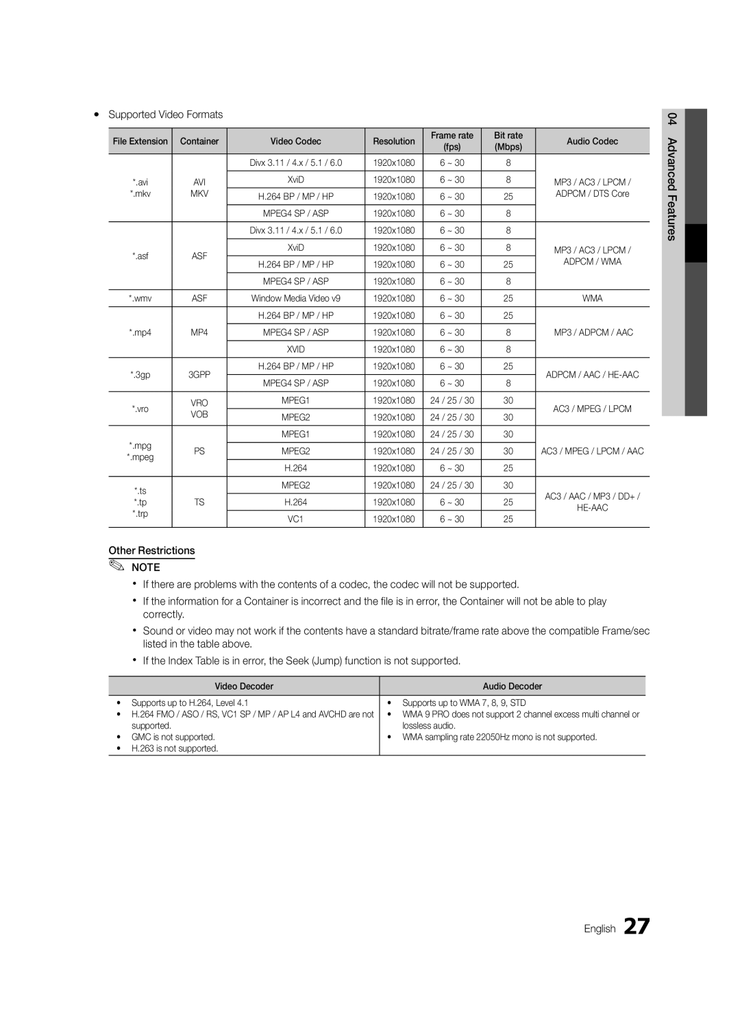 Samsung UE32C4000PWXBT, UE32C4000PWXXH, UE32C4000PWXXC manual Yy Supported Video Formats, 04Features Advanced English 