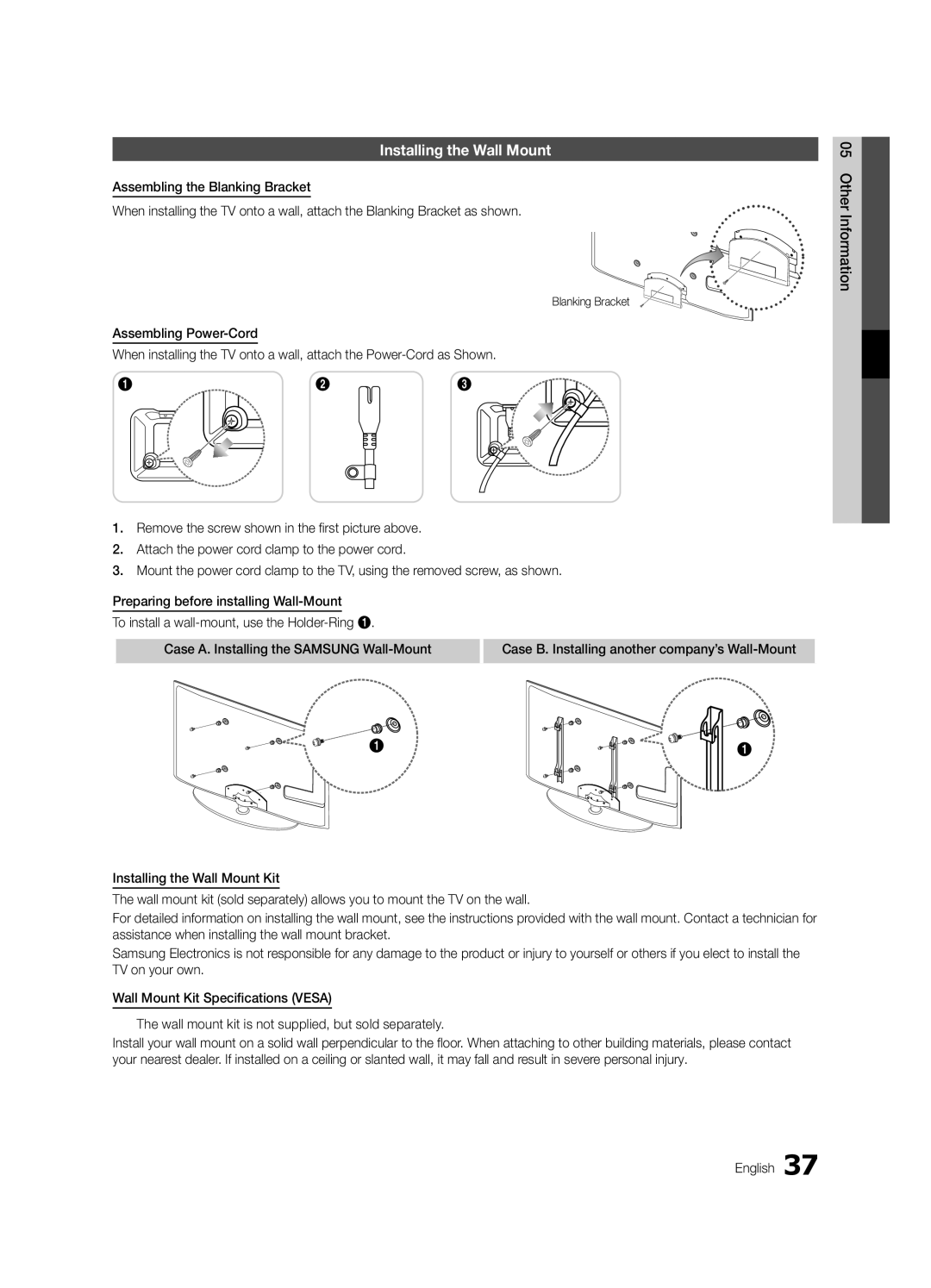 Samsung UE32C4000PWXBT, UE32C4000PWXXH, UE32C4000PWXXC, UE32C4000PWXZT manual Installing the Wall Mount, Blanking Bracket 