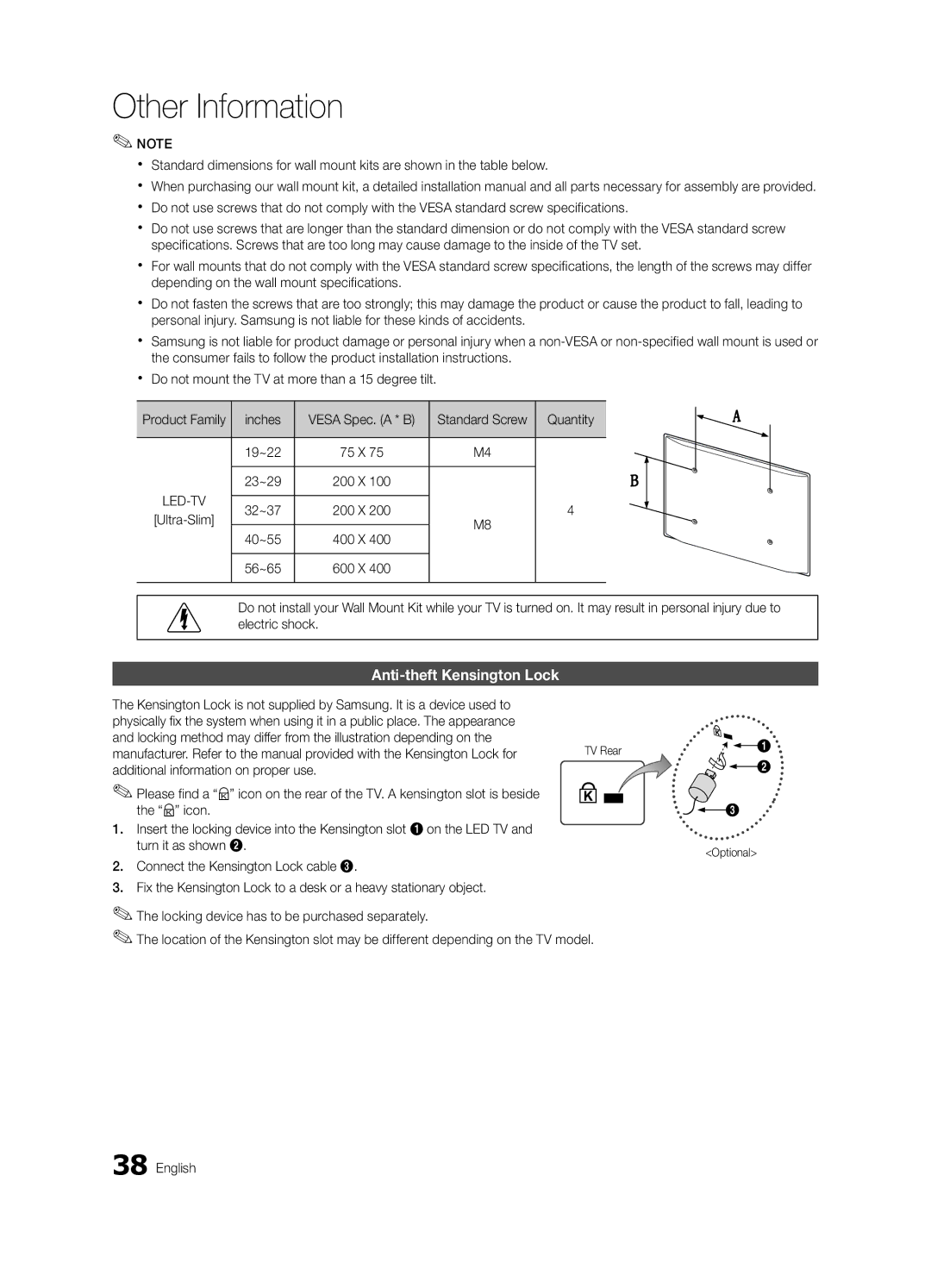 Samsung UE32C4000PWXZT, UE32C4000PWXXH, UE32C4000PWXXC, UE32C4000PWXBT, UE32C4000PWXXU manual Anti-theft Kensington Lock 