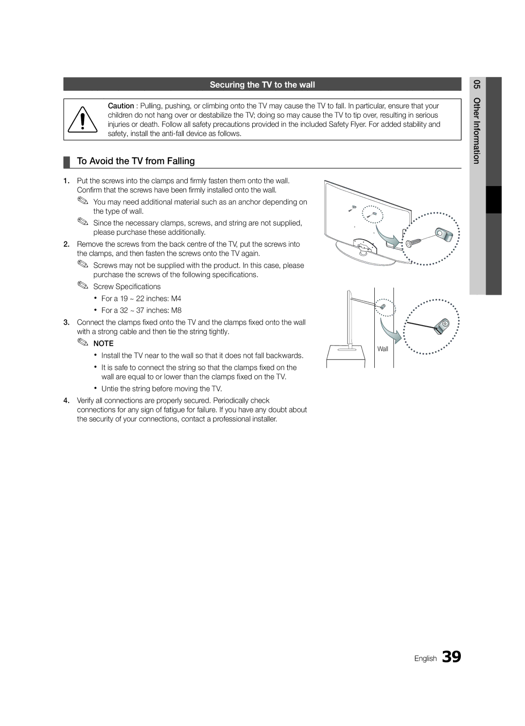 Samsung UE32C4000PWXXU To Avoid the TV from Falling, Securing the TV to the wall, Xx Untie the string before moving the TV 