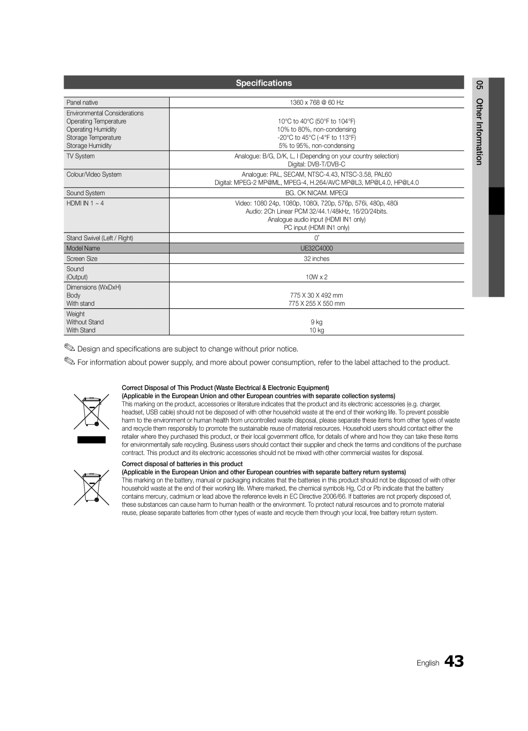 Samsung UE32C4000PWXZT, UE32C4000PWXXH, UE32C4000PWXXC, UE32C4000PWXBT, UE32C4000PWXXU manual Specifications 