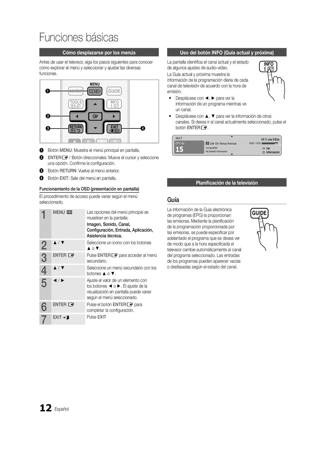 Samsung UE32C4000PWXZF Funciones básicas, Cómo desplazarse por los menús, Uso del botón Info Guía actual y próxima 