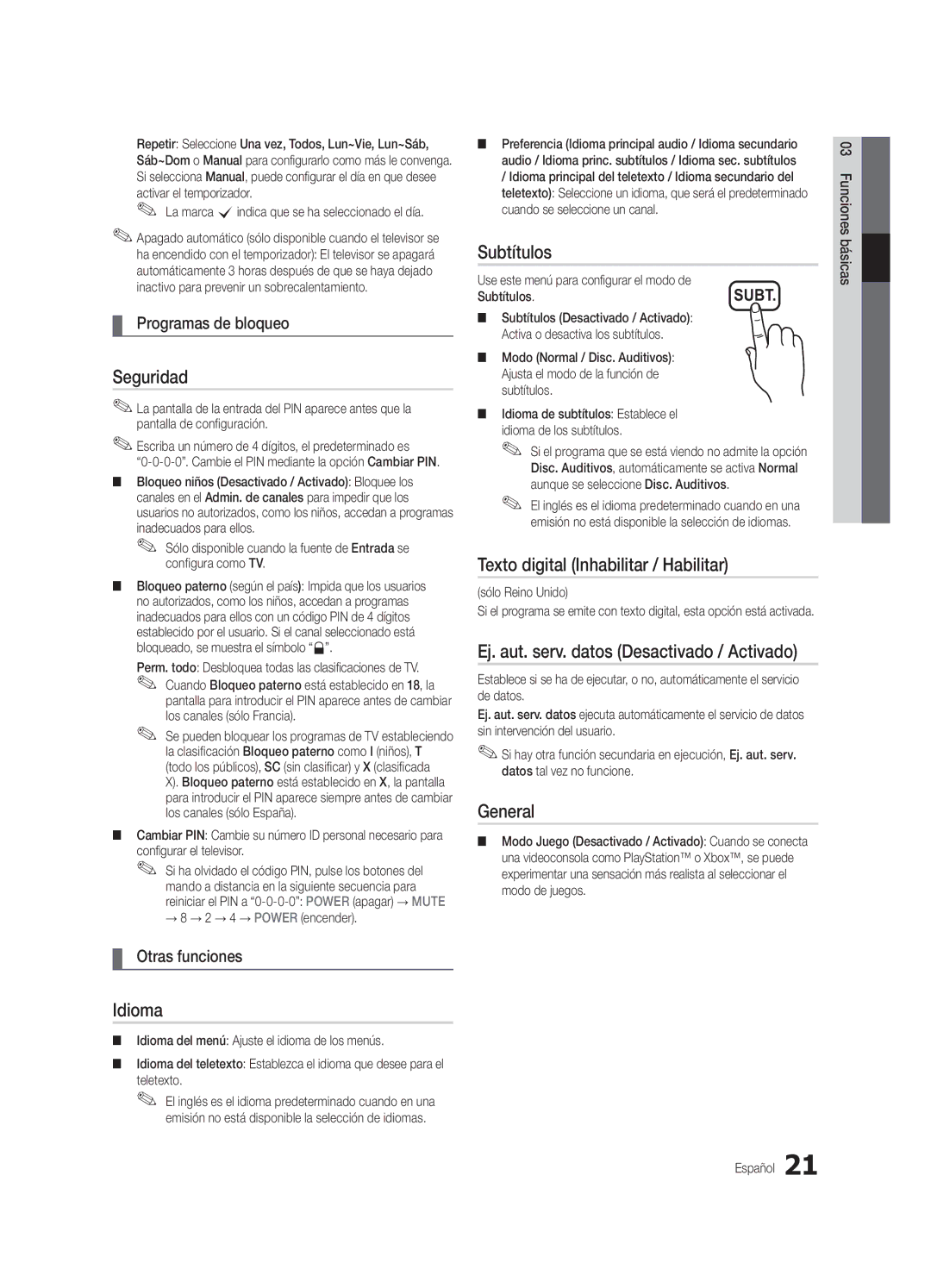 Samsung UE32C4000PWXBT, UE32C4000PWXXH, UE32C4000PWXXN Seguridad, Subtítulos, Texto digital Inhabilitar / Habilitar, Idioma 