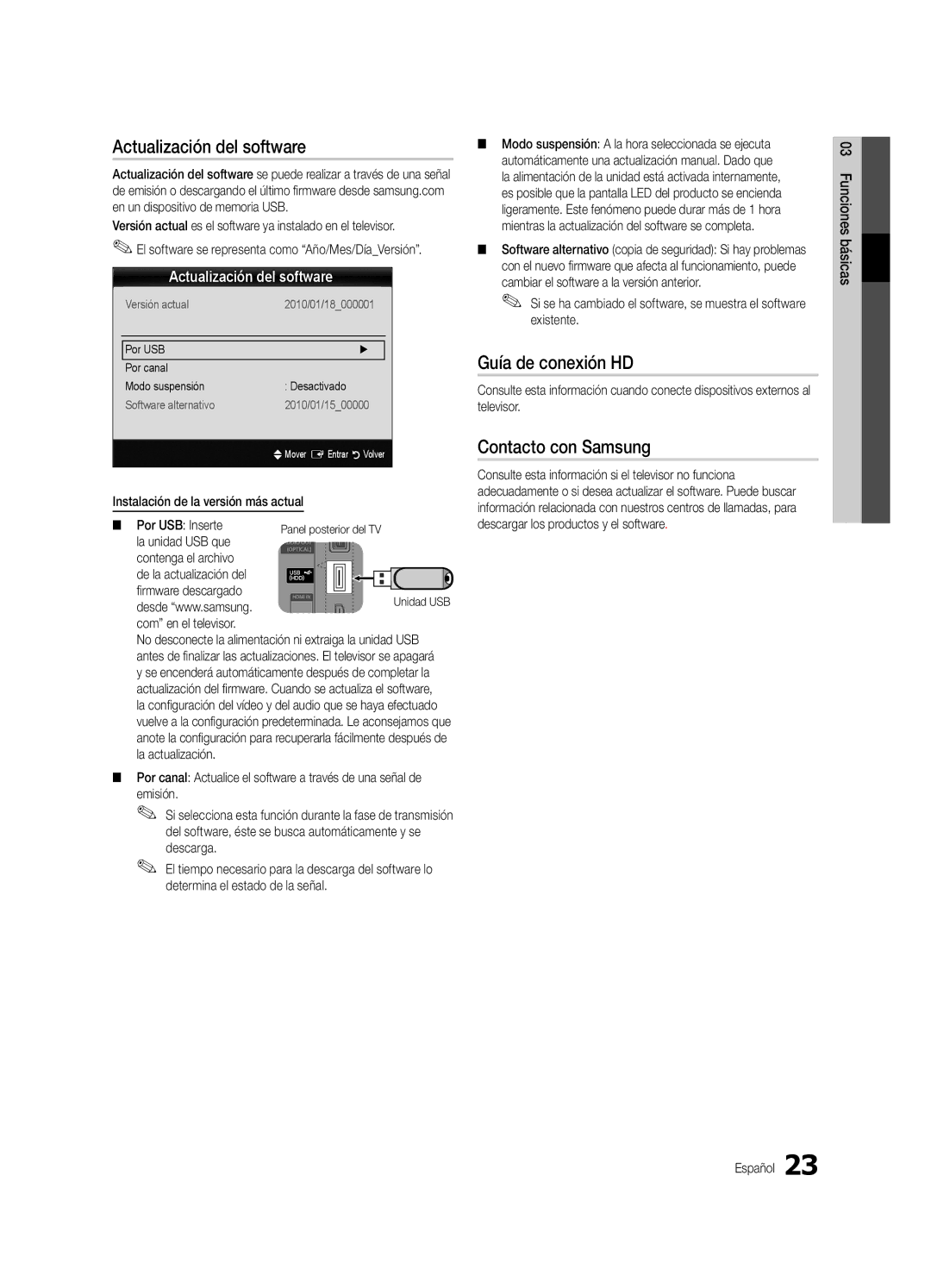 Samsung UE32C4000PWXXU, UE32C4000PWXXH manual Actualización del software, Guía de conexión HD, Contacto con Samsung 