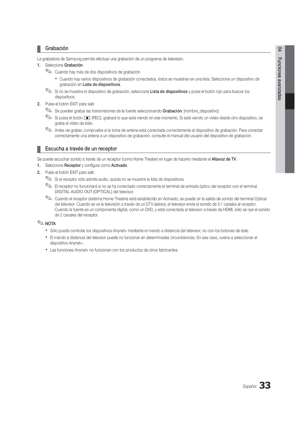 Samsung UE32C4000PWXXN, UE32C4000PWXXH, UE32C4000PWXZG, UE32C4000PWXXC manual Grabación, Escucha a través de un receptor 