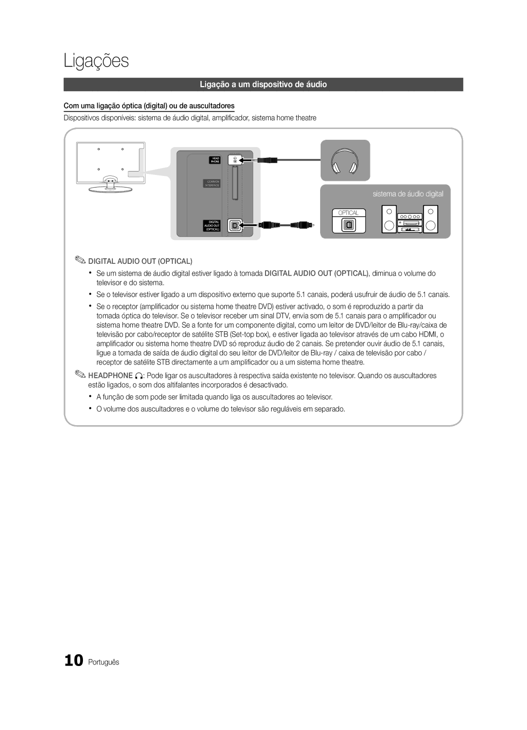 Samsung UE32C4000PWXZT, UE32C4000PWXXH, UE32C4000PWXXN, UE32C4000PWXZG, UE32C4000PWXXC manual Ligação a um dispositivo de áudio 