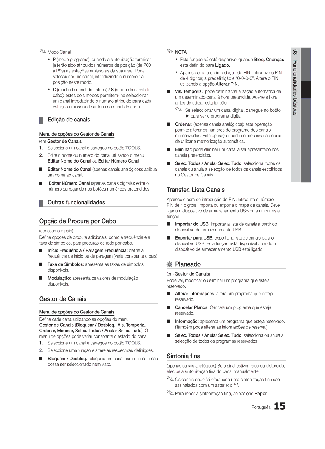 Samsung UE32C4000PWXXC, UE32C4000PWXXH manual Opção de Procura por Cabo, Transfer. Lista Canais, Planeado, Sintonia fina 