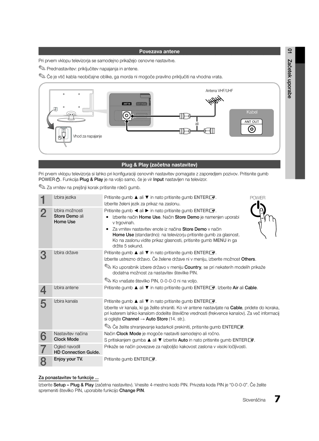 Samsung UE32C4000PWXXU manual Povezava antene, Plug & Play začetna nastavitev, Antena VHF/UHF Ali Vhod za napajanje 