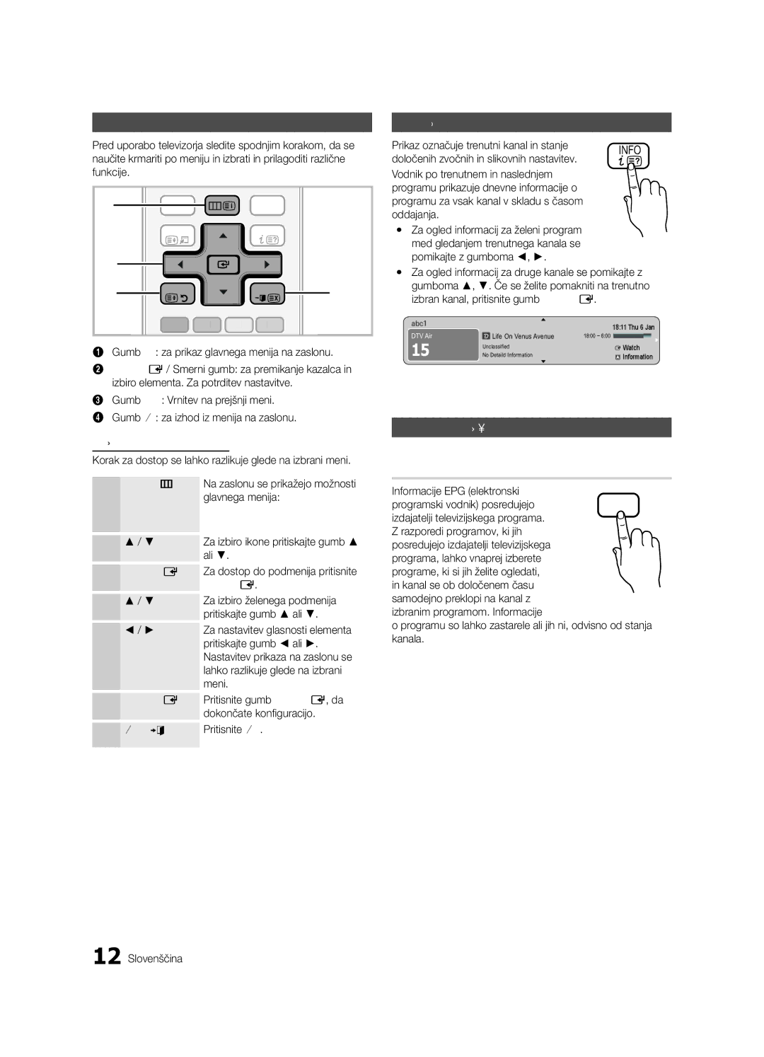 Samsung UE32C4000PWXZF, UE32C4000PWXXH, UE32C4000PWXXN manual Osnovne funkcije, Krmarjenje po menijih, Načrtovanje gledanja 