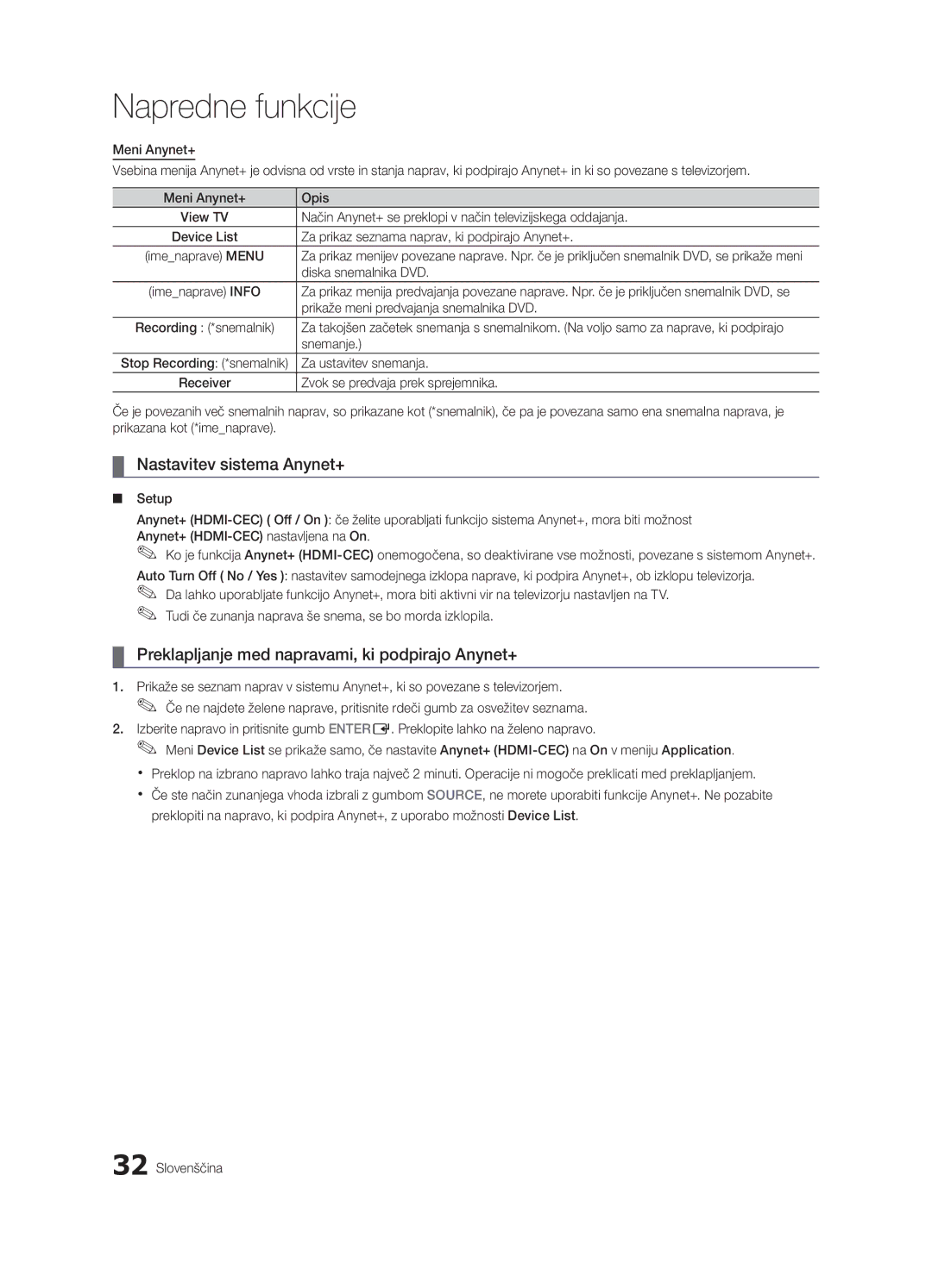 Samsung UE32C4000PWXXH, UE32C4000PWXXN manual Nastavitev sistema Anynet+, Preklapljanje med napravami, ki podpirajo Anynet+ 